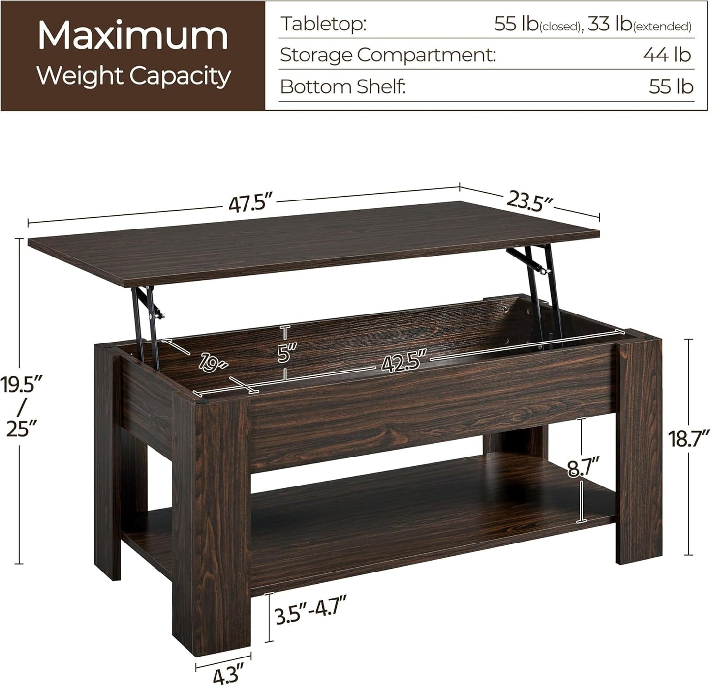 Lift Top Coffee Table with Hidden Compartment and Storage Shelf