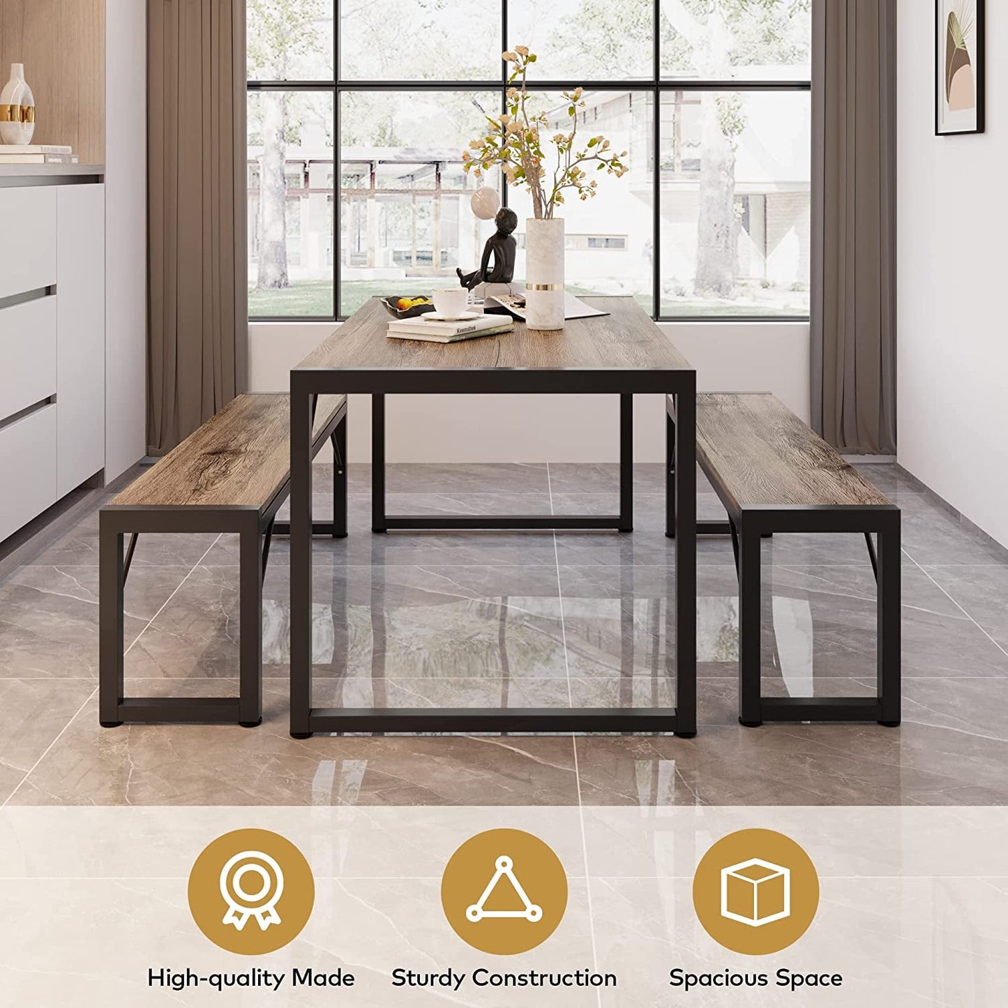 Dining Table Set for 4 with 2 Benches, Gray