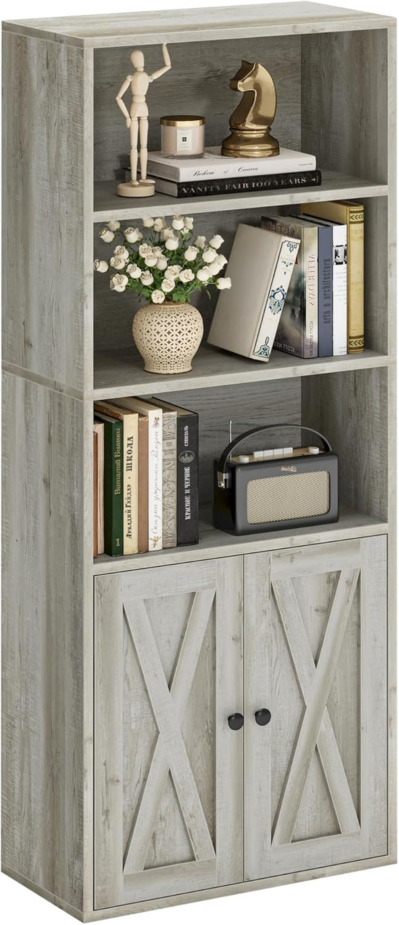 Industrial Bookshelves and Bookcases with Doors 11.8 in Depth Floor Standing 5 Shelf Display Storage Shelves Bookcase Home Decor Furniture for Home, Office, Living Room, Bedroom
