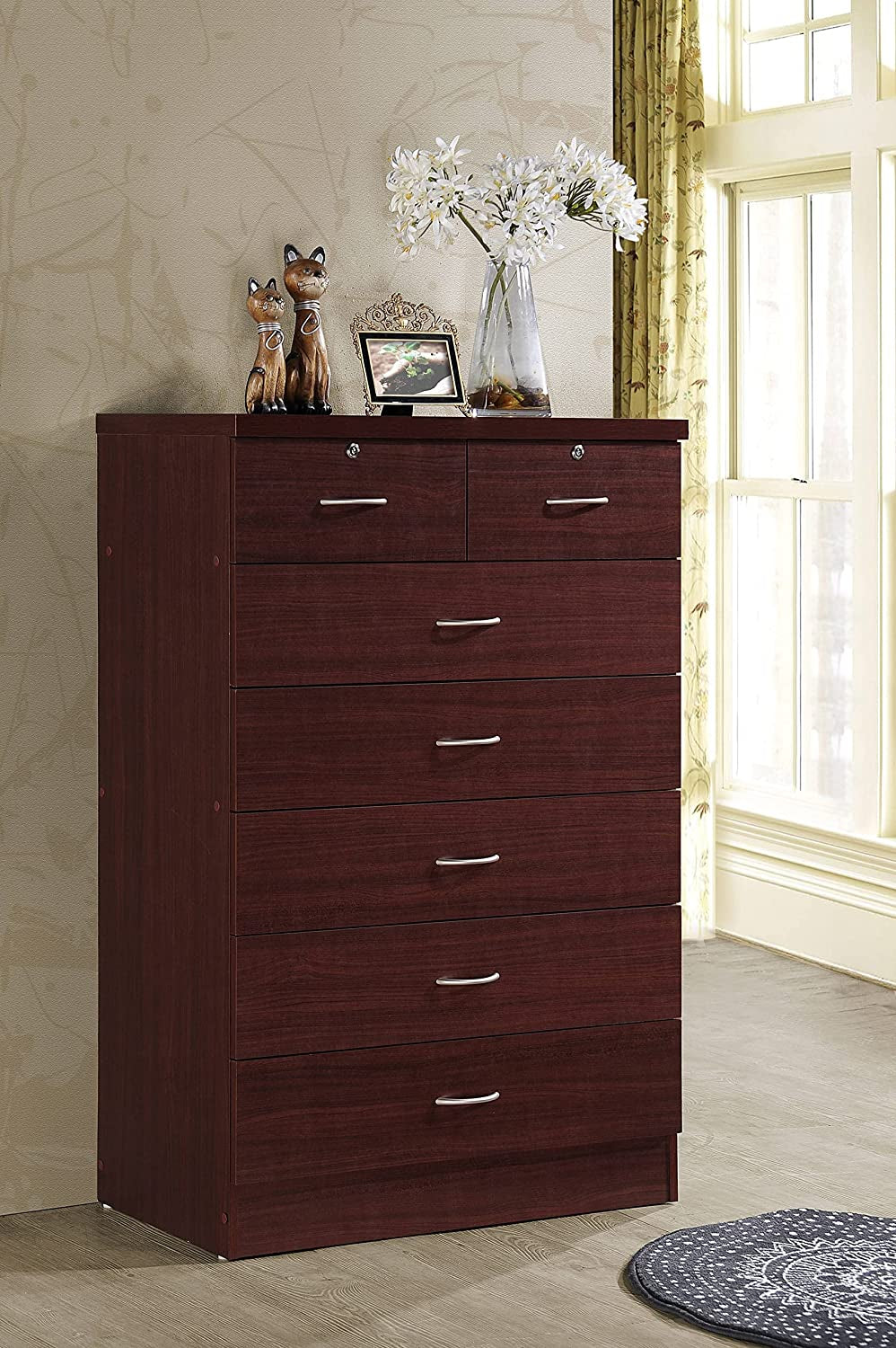 7 Drawer Wood Dresser for Bedroom, 31.5 Inch Wide Chest of Drawers, with 2 Locks on the Top Drawers, Storage Organization Unit for Clothing, Mahogany