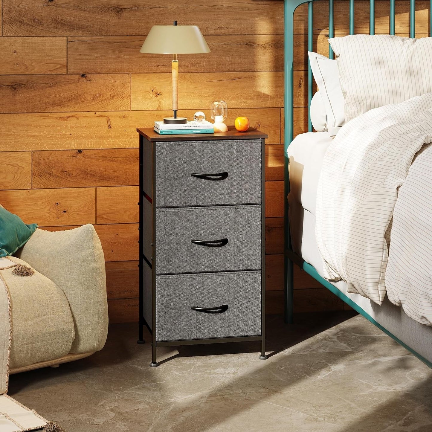 Dresser with 3 Drawers, Fabric Nightstand, Organizer Unit, Storage Dresser for Bedroom, Hallway, Entryway, Closets, Sturdy Steel Frame, Wood Top, Easy Pull Handle, Dark Grey