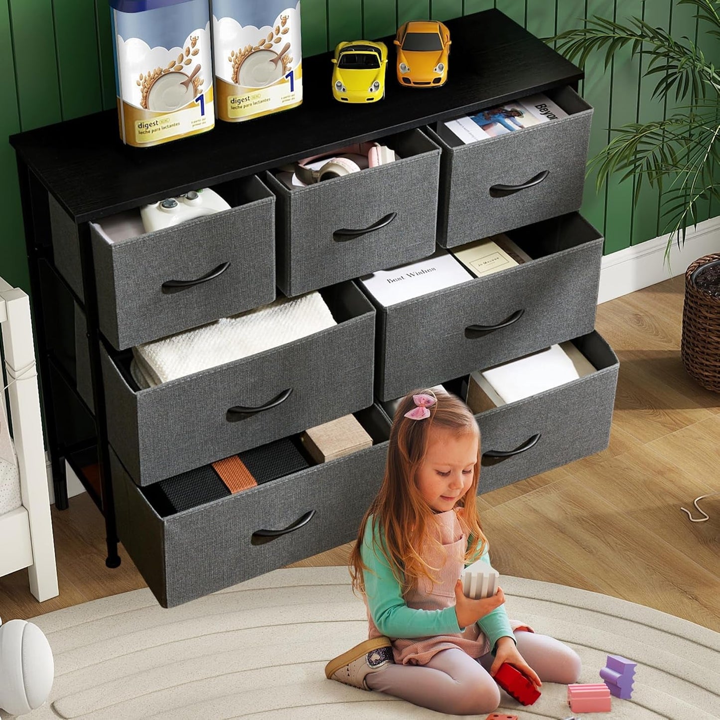 Dresser for Bedroom, 7 Storage Drawers, Anti-Tip Wide Fabric Closet Chests Organizer Tower Furniture, TV Stand for TV up to 45 Inch with Wooden Top Metal Frame for Clothes, Living Room