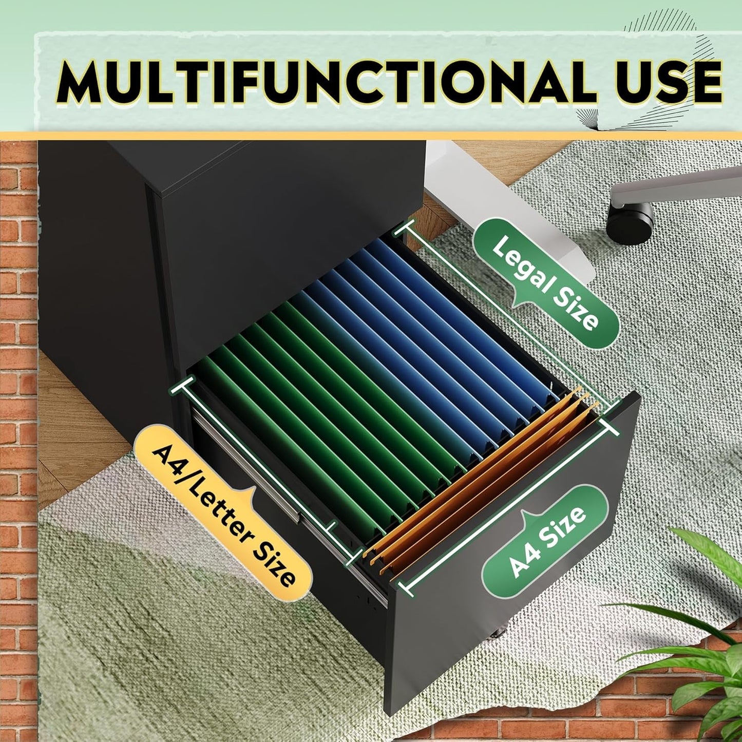 2-Drawer Rolling File Cabinet with Lock