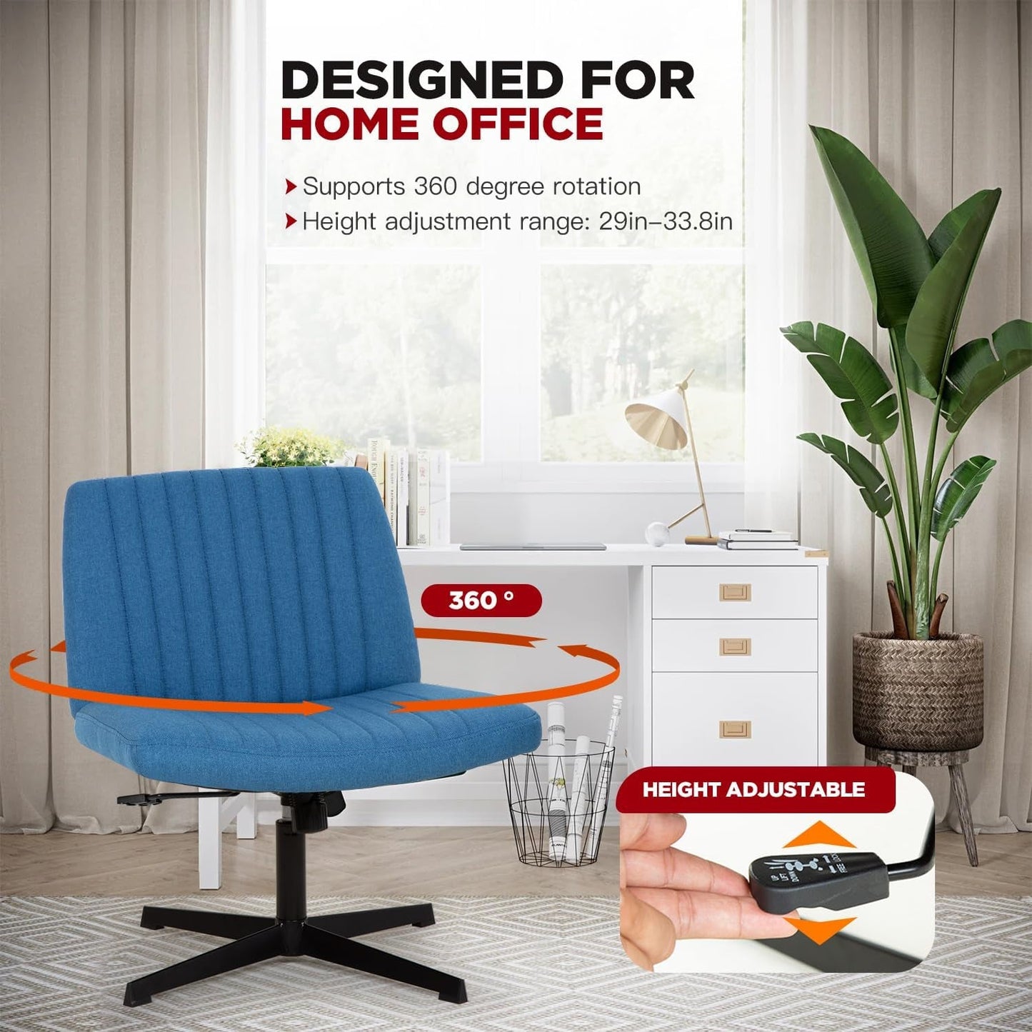 Criss Cross Chair,Armless Cross Legged Office Chair,Wide Comfty Desk Chair with No Wheels Modern Height Adjustable,Swivel Fabric Vanity Chair Computer Task Chair (Pack of 1, Dark Blue)