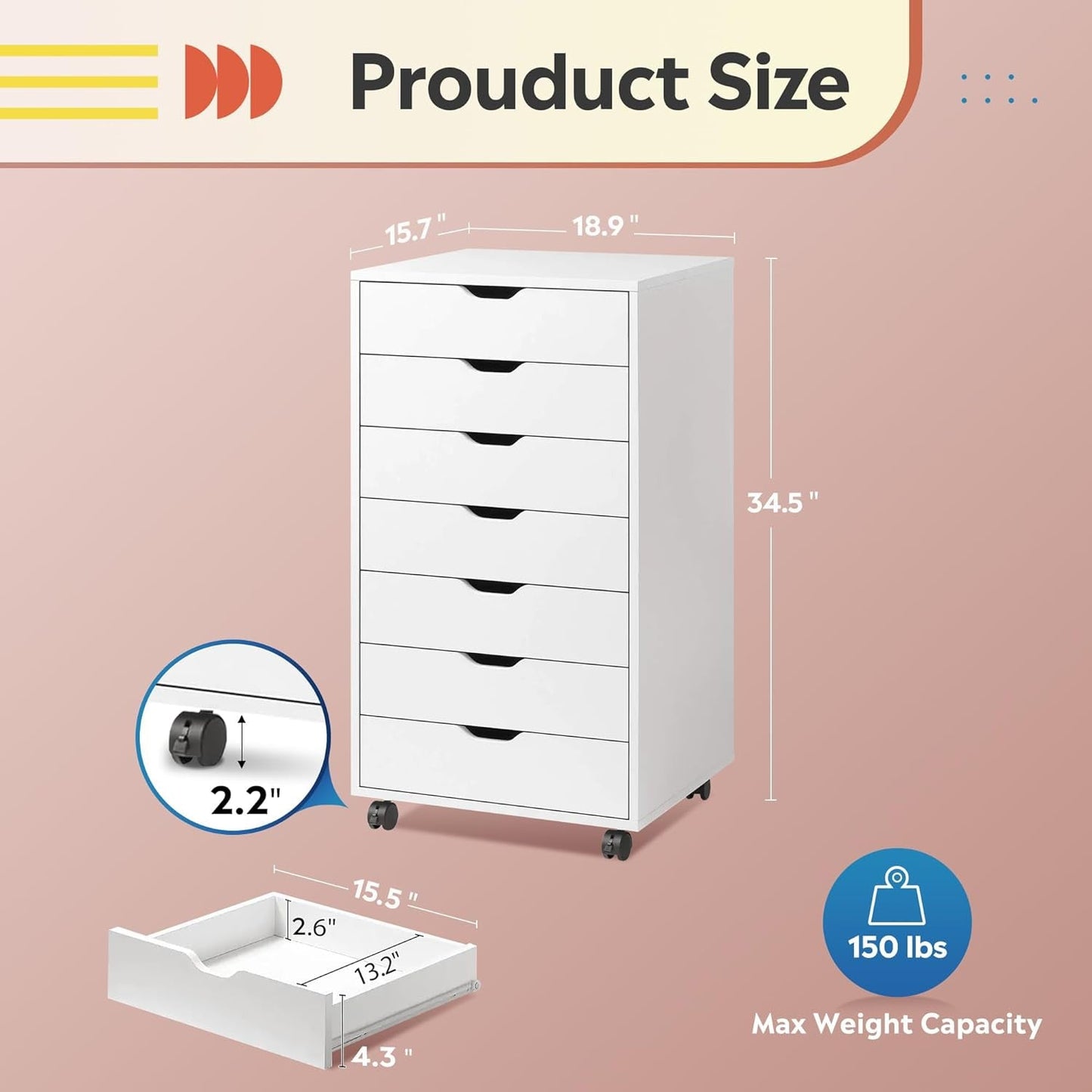 White 7-Drawer Storage Chest with Wheels