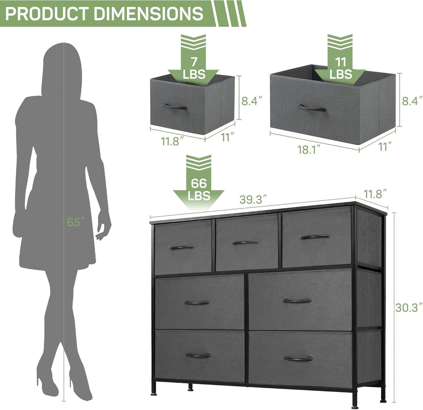 Dresser for Bedroom, 7 Storage Drawers, Anti-Tip Wide Fabric Closet Chests Organizer Tower Furniture, TV Stand for TV up to 45 Inch with Wooden Top Metal Frame for Clothes, Living Room