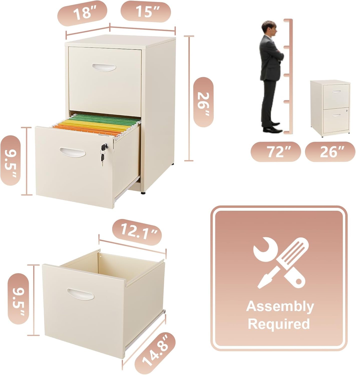Metal 2 Drawer File Cabinet, Vertical File Cabinet with Lock, Filing Cabinets for Hanging Letter Size, Cream Locking File Cabin, Light Duty Storage Cabinet for Home Office - Assembly Required