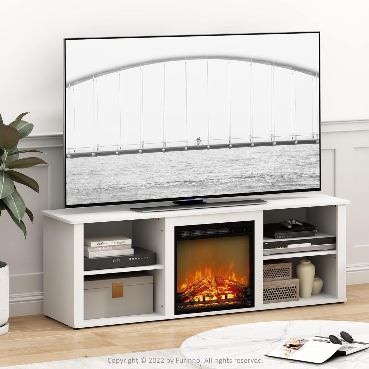 Classic 70 Inch TV Stand with Fireplace, Solid White