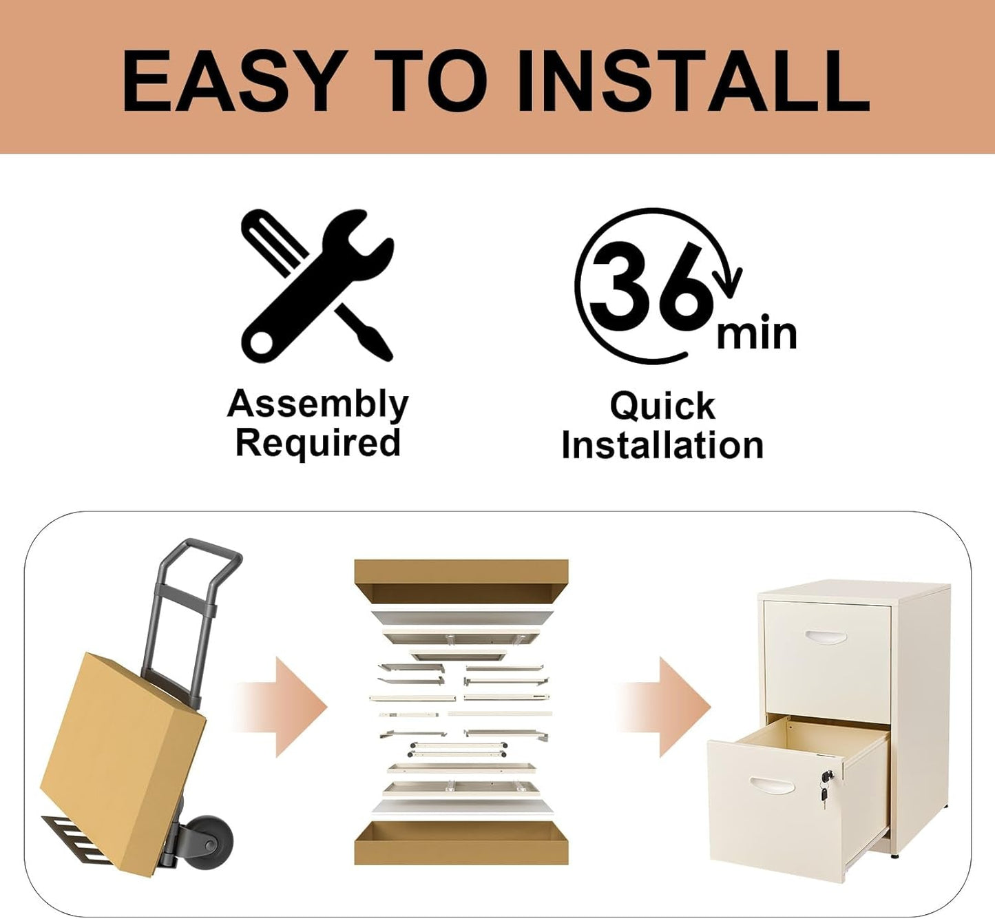 Metal 2 Drawer File Cabinet, Vertical File Cabinet with Lock, Filing Cabinets for Hanging Letter Size, Cream Locking File Cabin, Light Duty Storage Cabinet for Home Office - Assembly Required