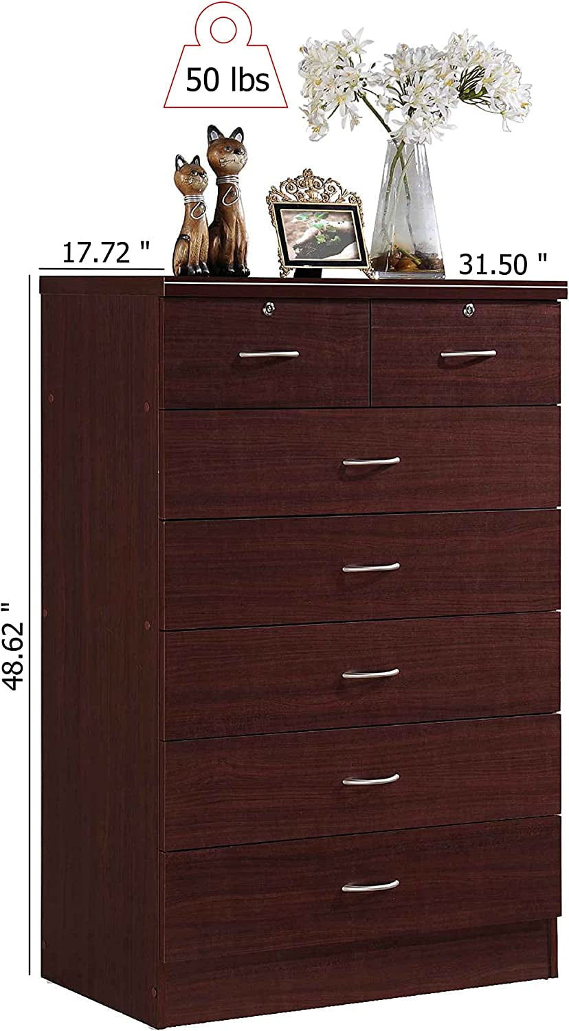7 Drawer Wood Dresser for Bedroom, 31.5 Inch Wide Chest of Drawers, with 2 Locks on the Top Drawers, Storage Organization Unit for Clothing, Mahogany