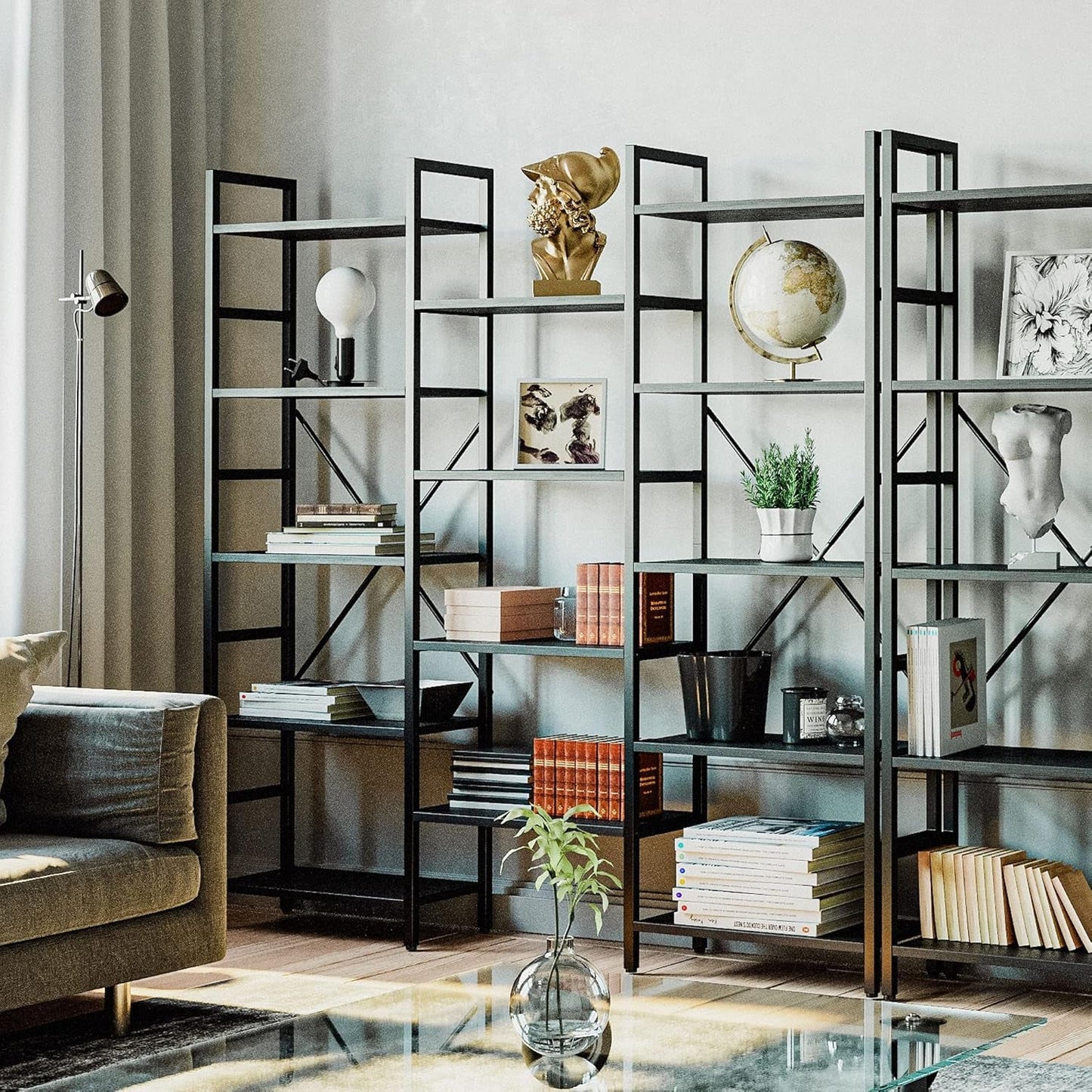 Triple Wide 5-Tier Industrial Bookshelf