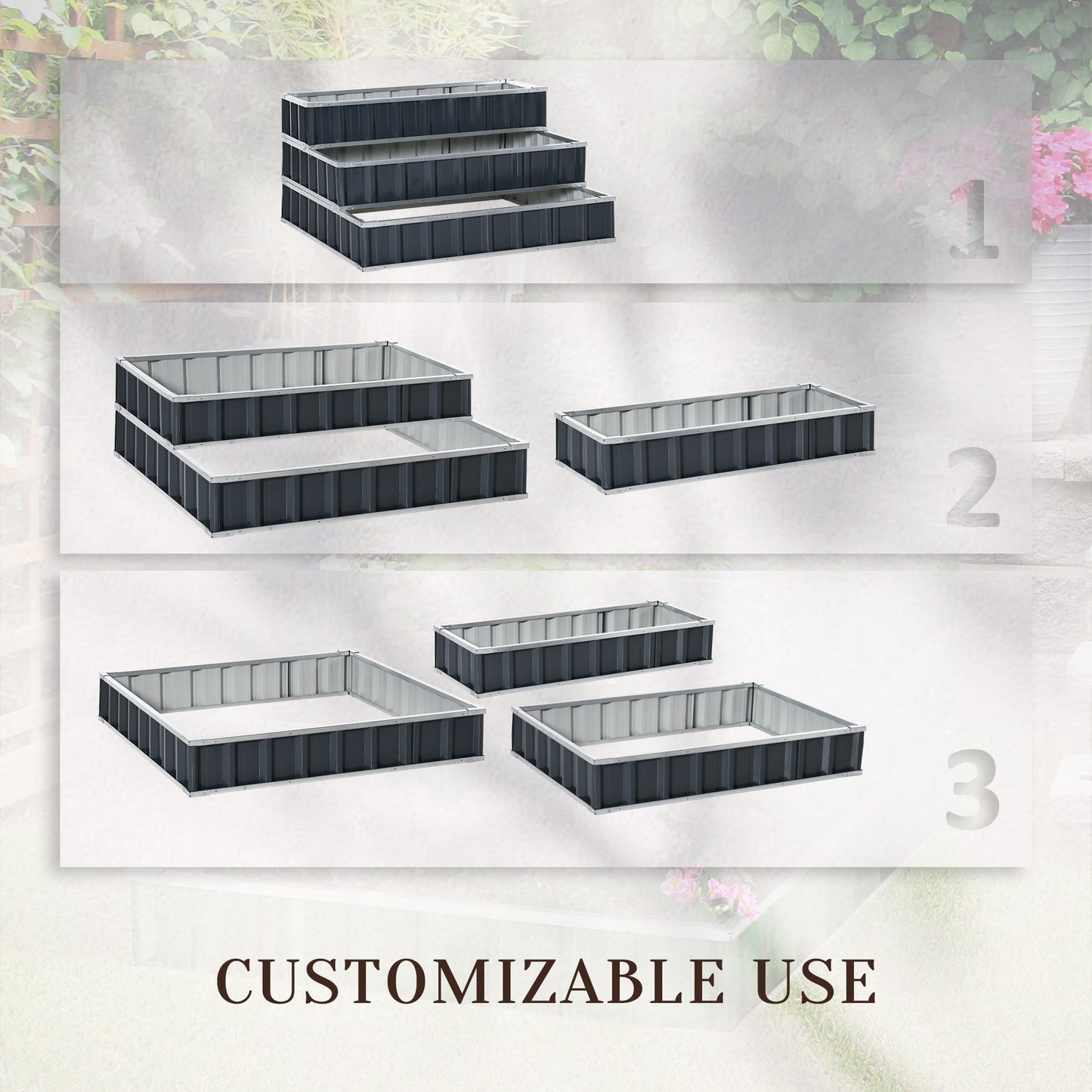 Set of 3 Metal Raised Garden Beds with Gloves - Grey Elevated Planter-3