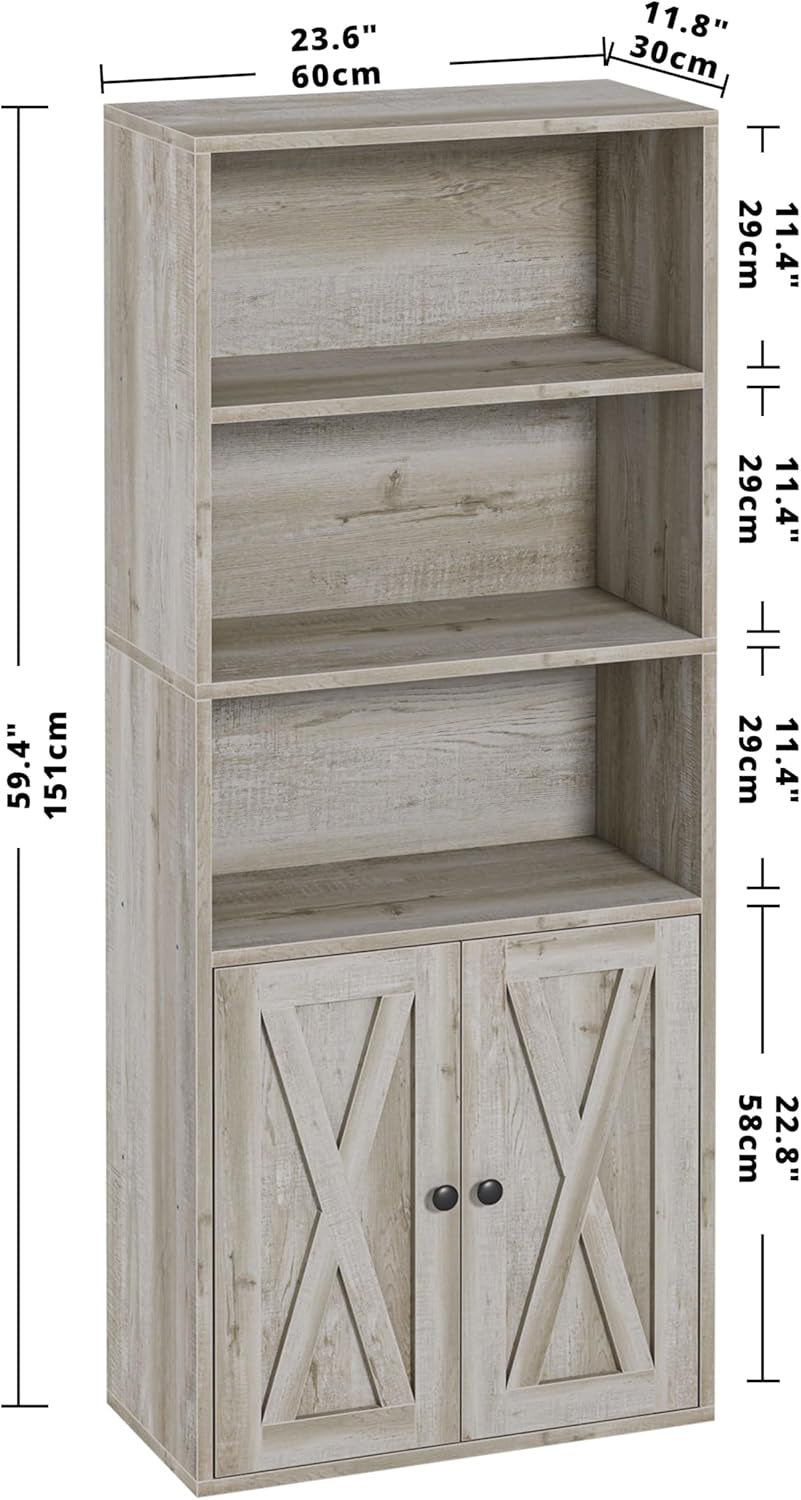 Industrial Bookshelves and Bookcases with Doors 11.8 in Depth Floor Standing 5 Shelf Display Storage Shelves Bookcase Home Decor Furniture for Home, Office, Living Room, Bedroom