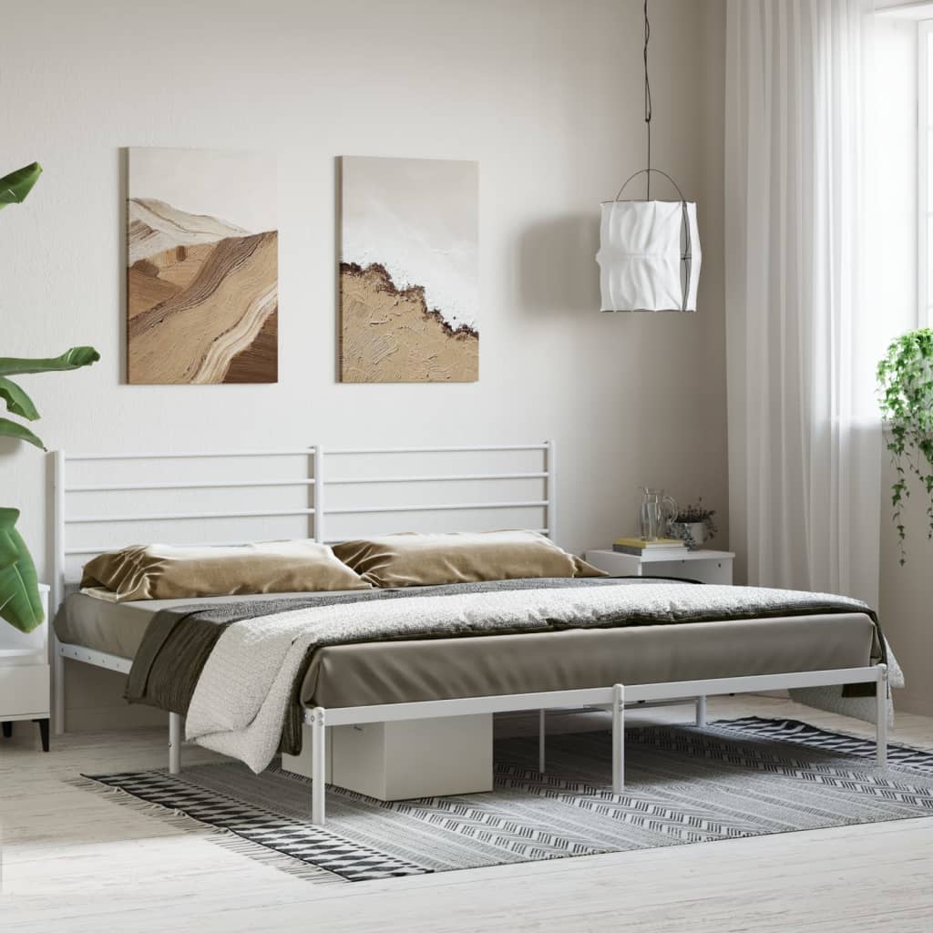 vidaXL Metal Bed Frame with Headboard White 72"x83.9" California King-3