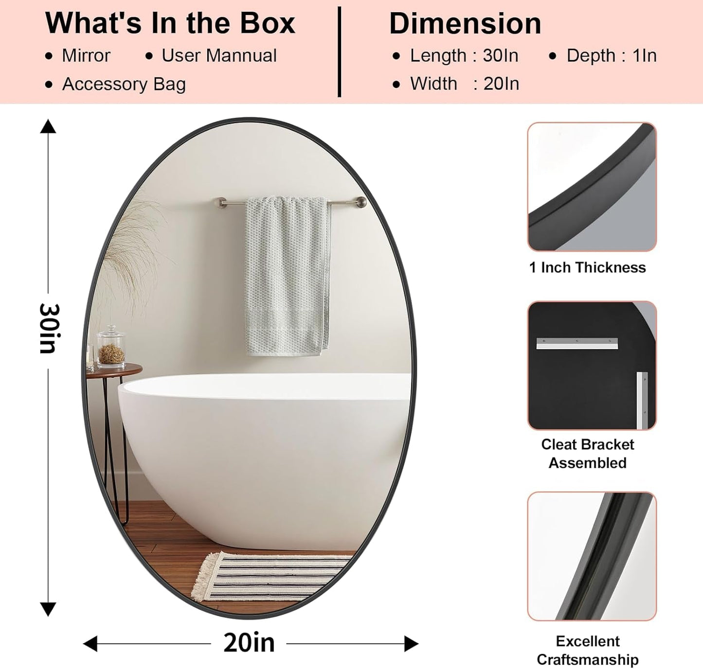 Oval Mirror 20X30 Black Bathroom Mirror Stainless Steel Metal Frame Vanity Mirror Wall Mount Mirror for Entryway Bedroom Bathroom Living Room