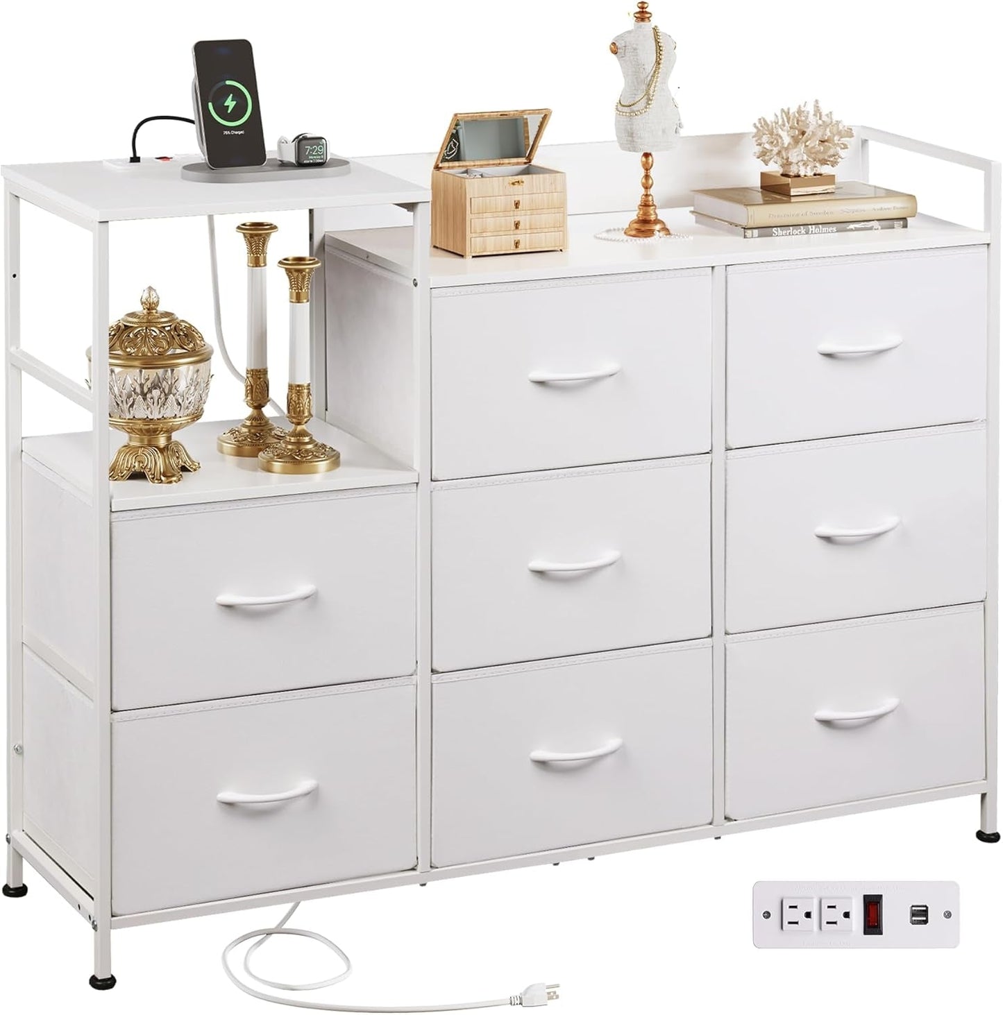 Dresser TV Stand with Charging Station and Open Shelves, Fabric Dresser