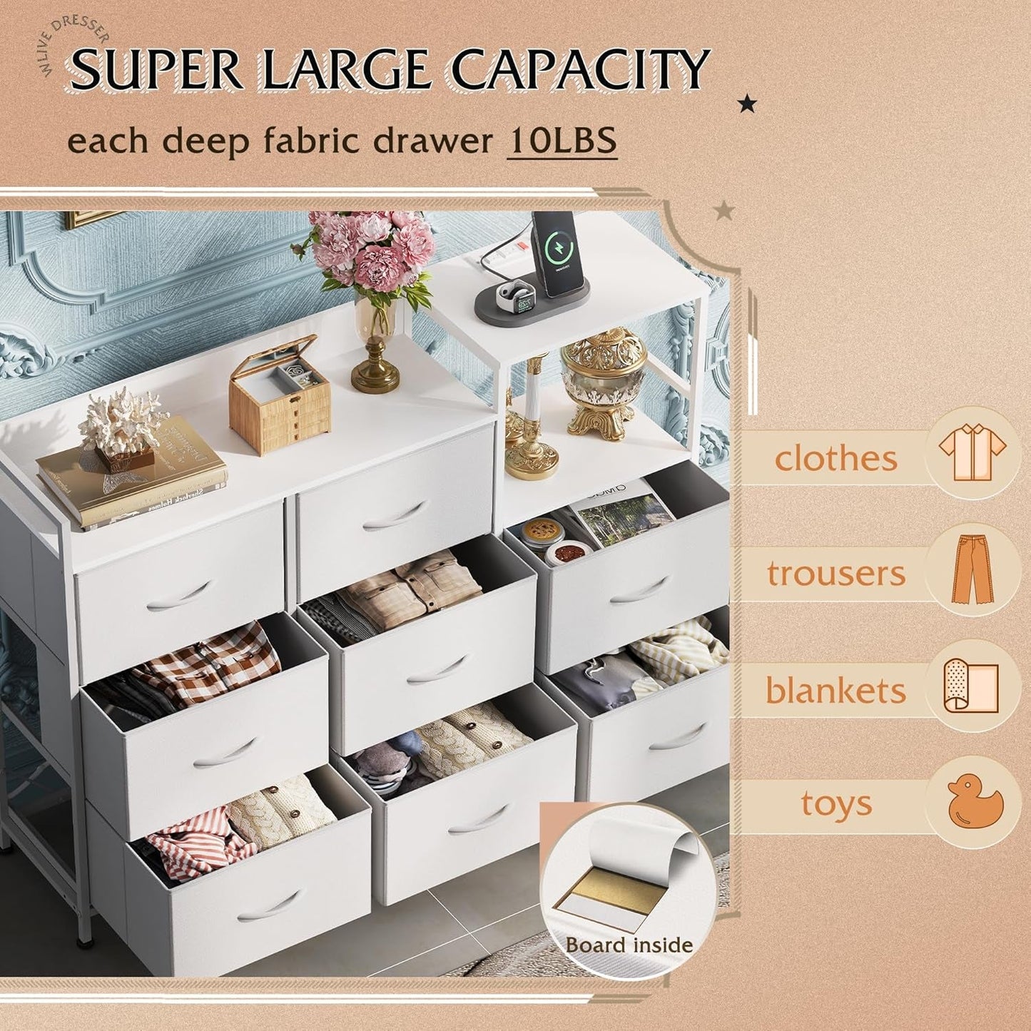 Dresser TV Stand with Charging Station and Open Shelves, Fabric Dresser