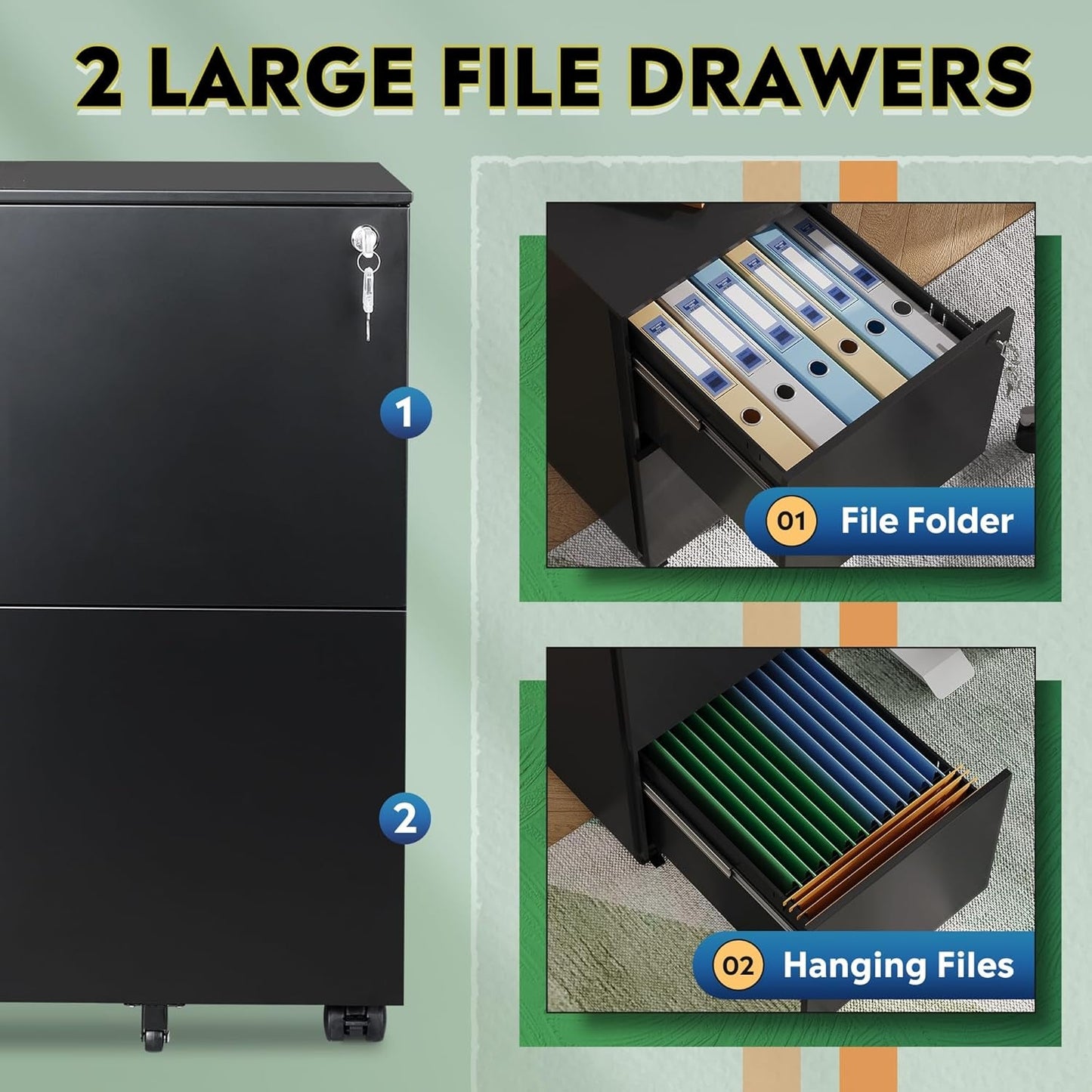 2-Drawer Rolling File Cabinet with Lock