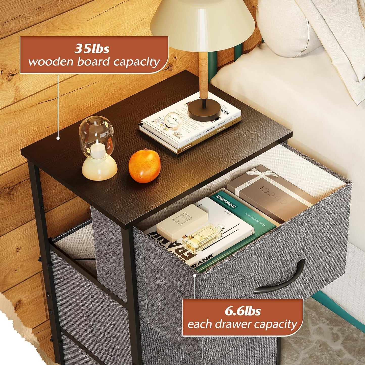Dresser with 3 Drawers, Fabric Nightstand, Organizer Unit, Storage Dresser for Bedroom, Hallway, Entryway, Closets, Sturdy Steel Frame, Wood Top, Easy Pull Handle, Dark Grey