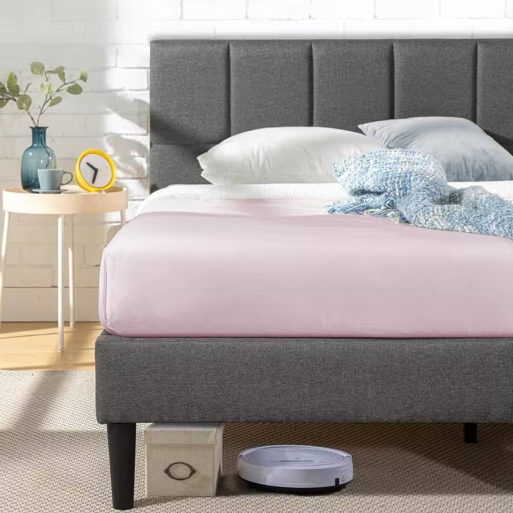Full size Grey Upholstered Platform Bed Frame with Padded Headboard-2