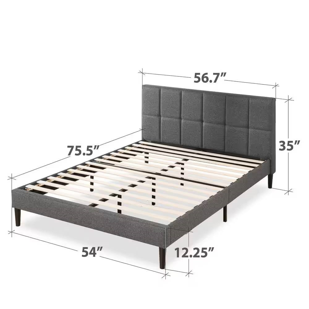 Full size Grey Upholstered Platform Bed Frame with Padded Headboard-4