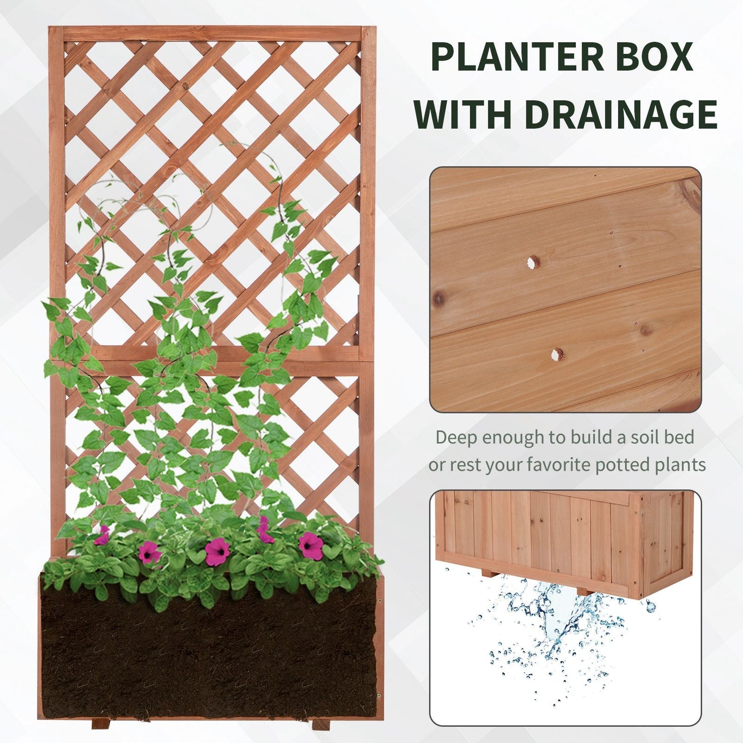 Wooden Pine Raised Bed Planter with Trellis - Garden Flower Planter