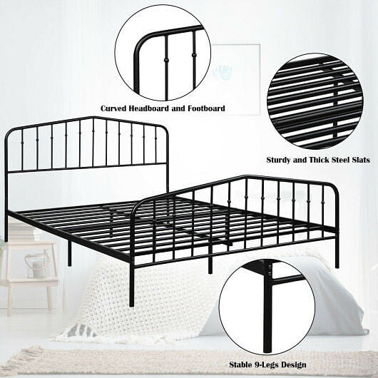 Queen Size Metal Bed Frame Platform Headboard and Footboard with Storage-Silver-3