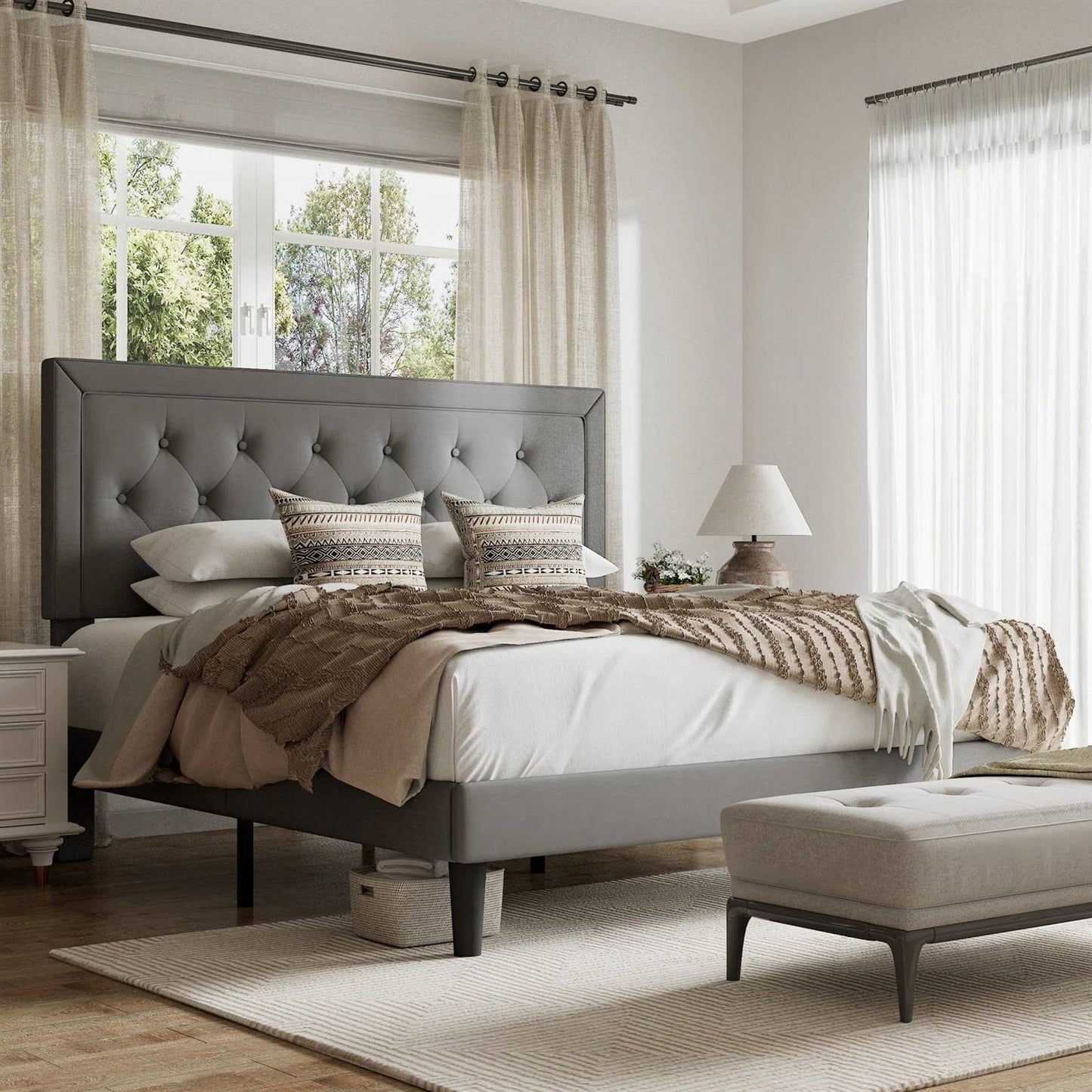 Full size Grey Linen Upholstered Platform Bed Frame with Button-Tufted Headboard-0