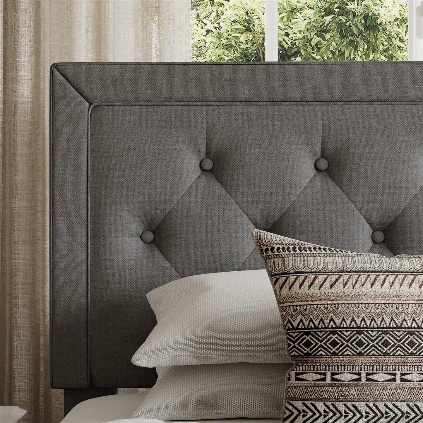 Full size Grey Linen Upholstered Platform Bed Frame with Button-Tufted Headboard-1