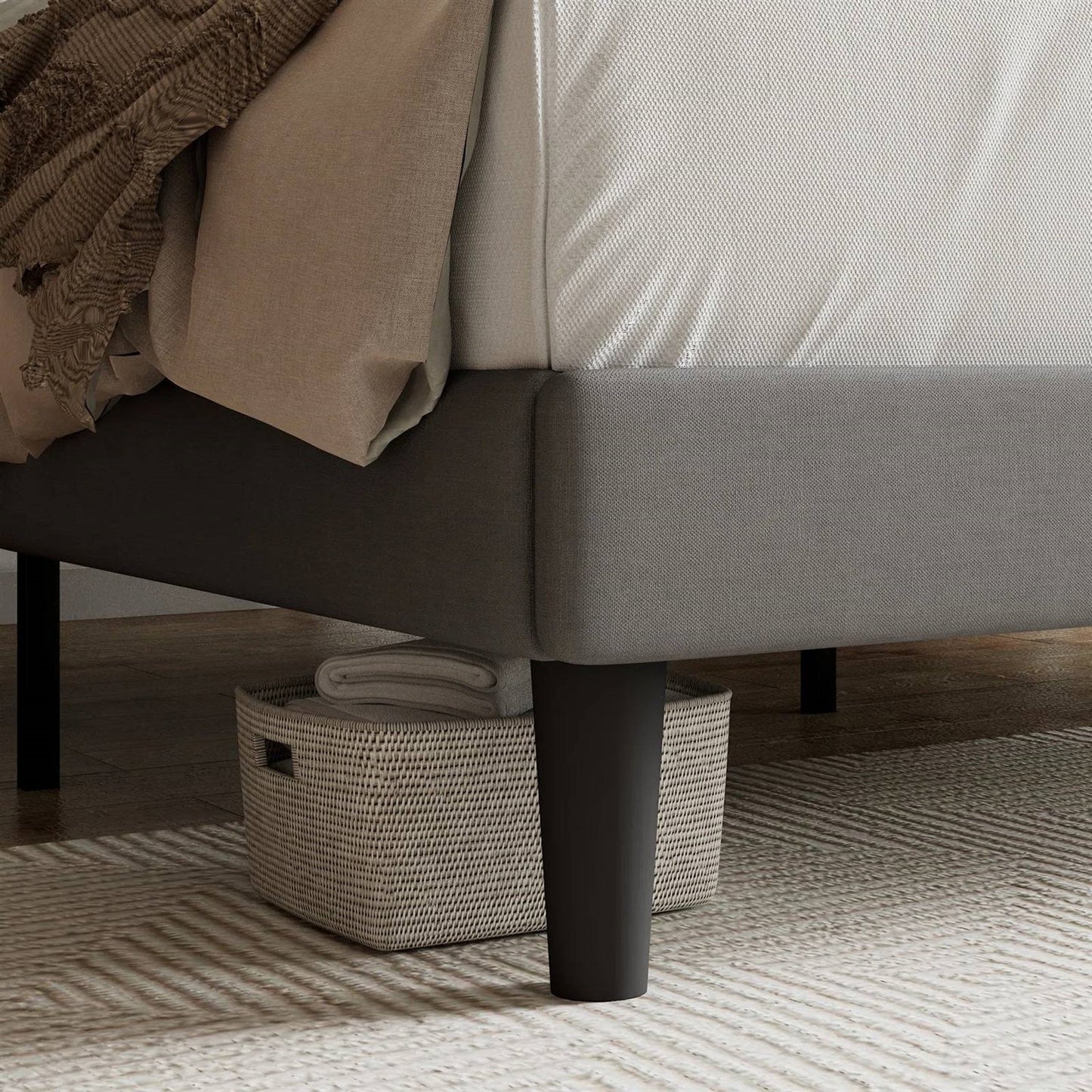 Full size Grey Linen Upholstered Platform Bed Frame with Button-Tufted Headboard-2