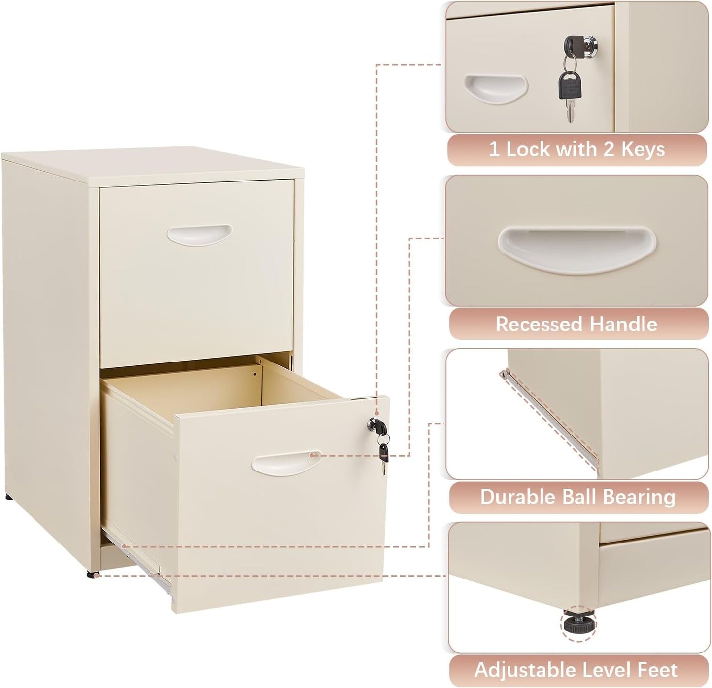 Metal 2 Drawer File Cabinet, Vertical File Cabinet with Lock, Filing Cabinets for Hanging Letter Size, Cream Locking File Cabin, Light Duty Storage Cabinet for Home Office - Assembly Required