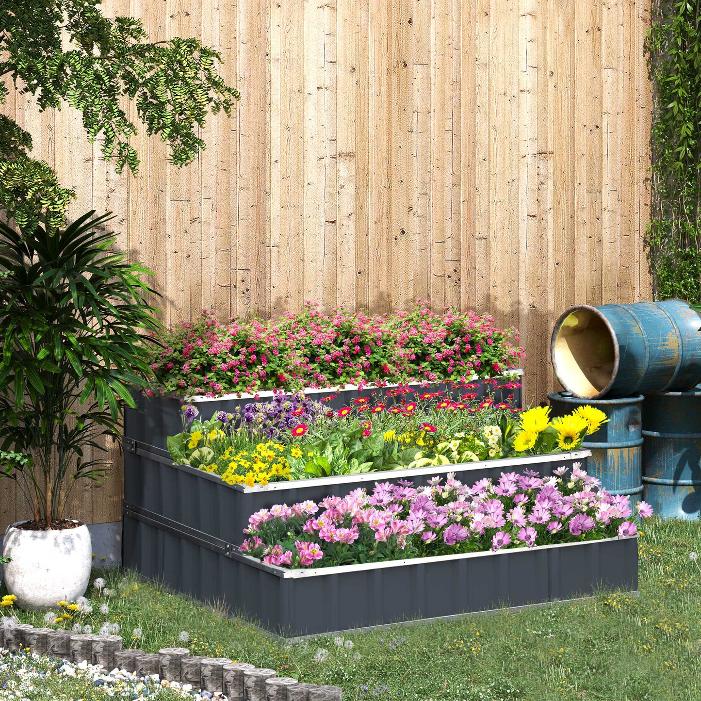Set of 3 Metal Raised Garden Beds with Gloves - Grey Elevated Planter-1