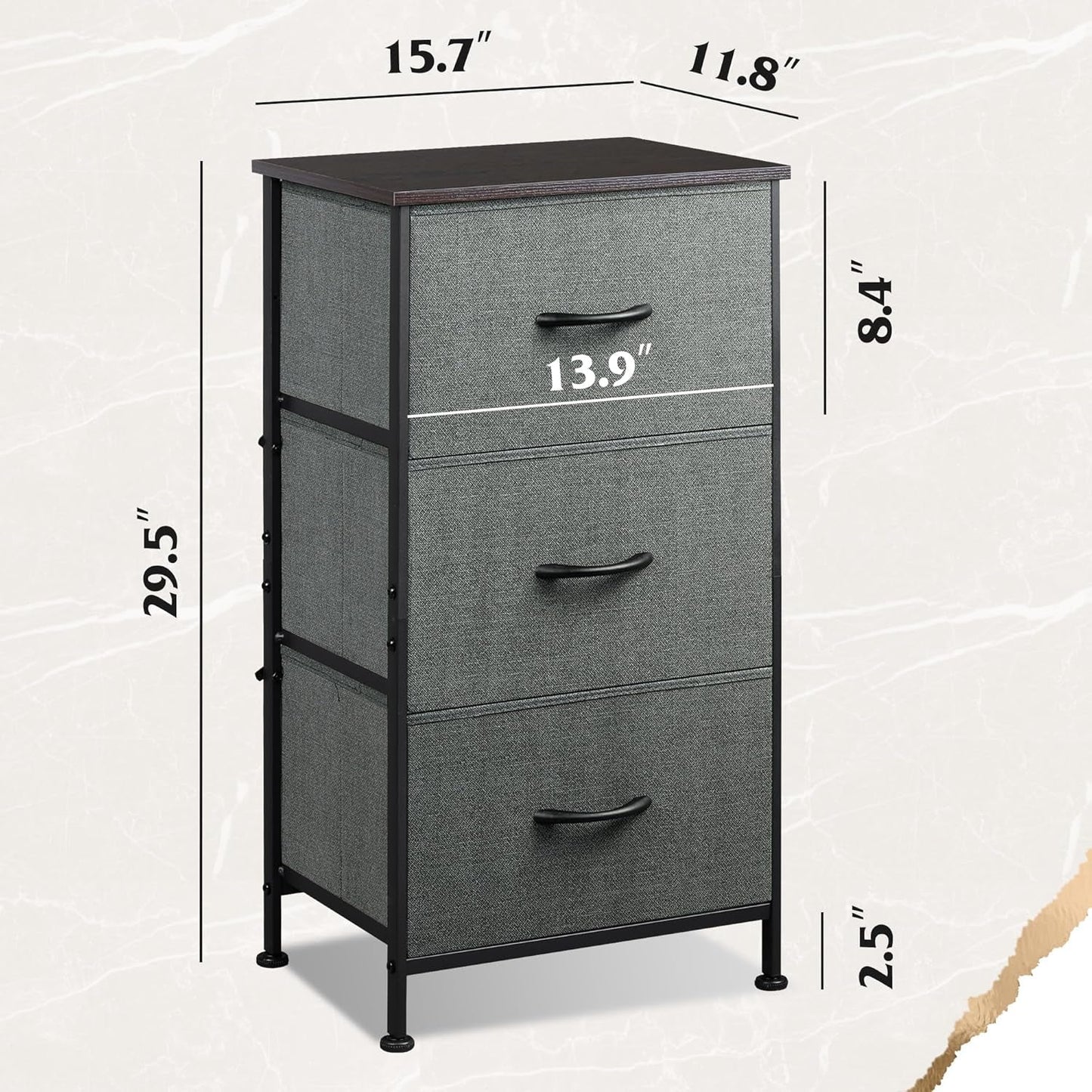 Dresser with 3 Drawers, Fabric Nightstand, Organizer Unit, Storage Dresser for Bedroom, Hallway, Entryway, Closets, Sturdy Steel Frame, Wood Top, Easy Pull Handle, Dark Grey