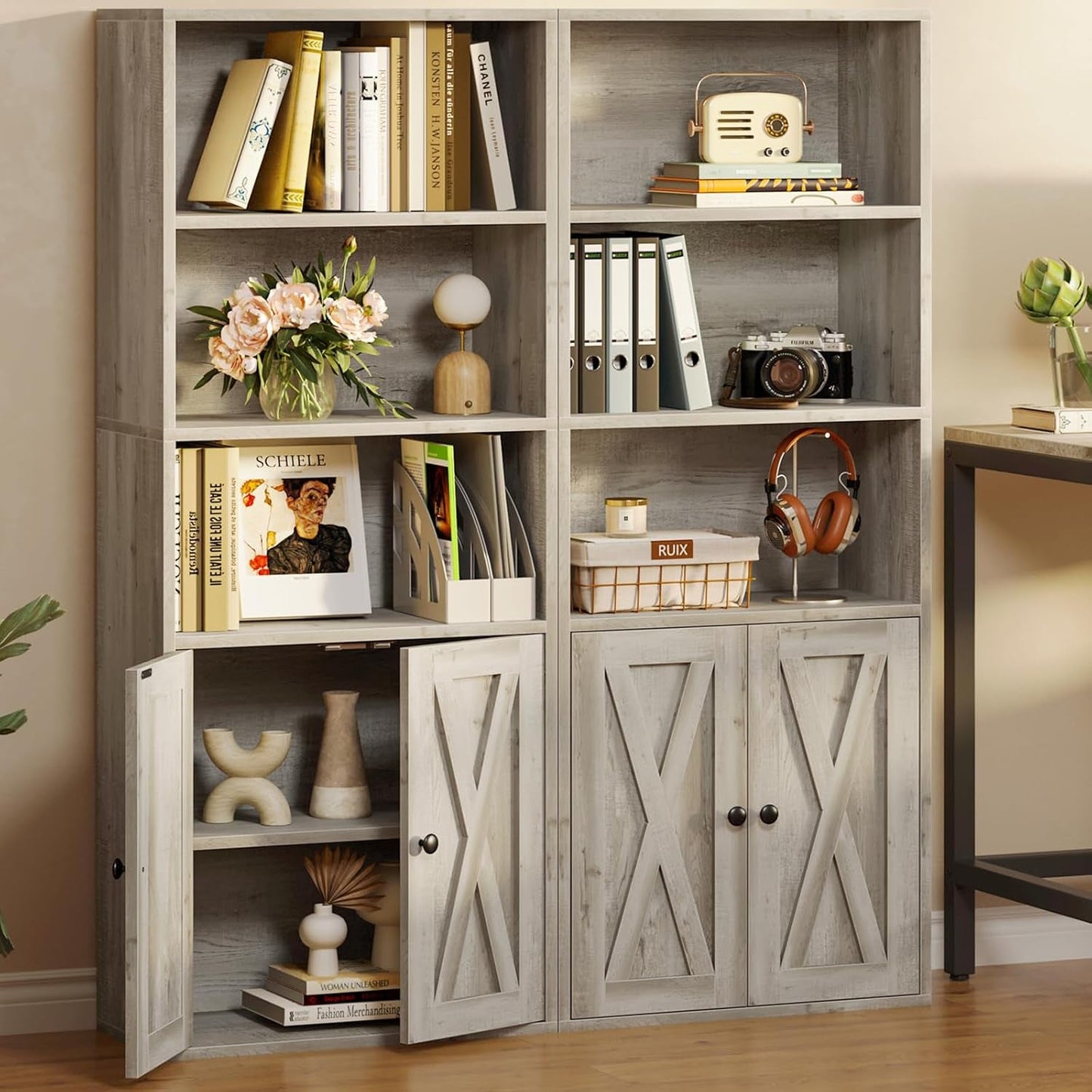Industrial Bookshelves and Bookcases with Doors 11.8 in Depth Floor Standing 5 Shelf Display Storage Shelves Bookcase Home Decor Furniture for Home, Office, Living Room, Bedroom