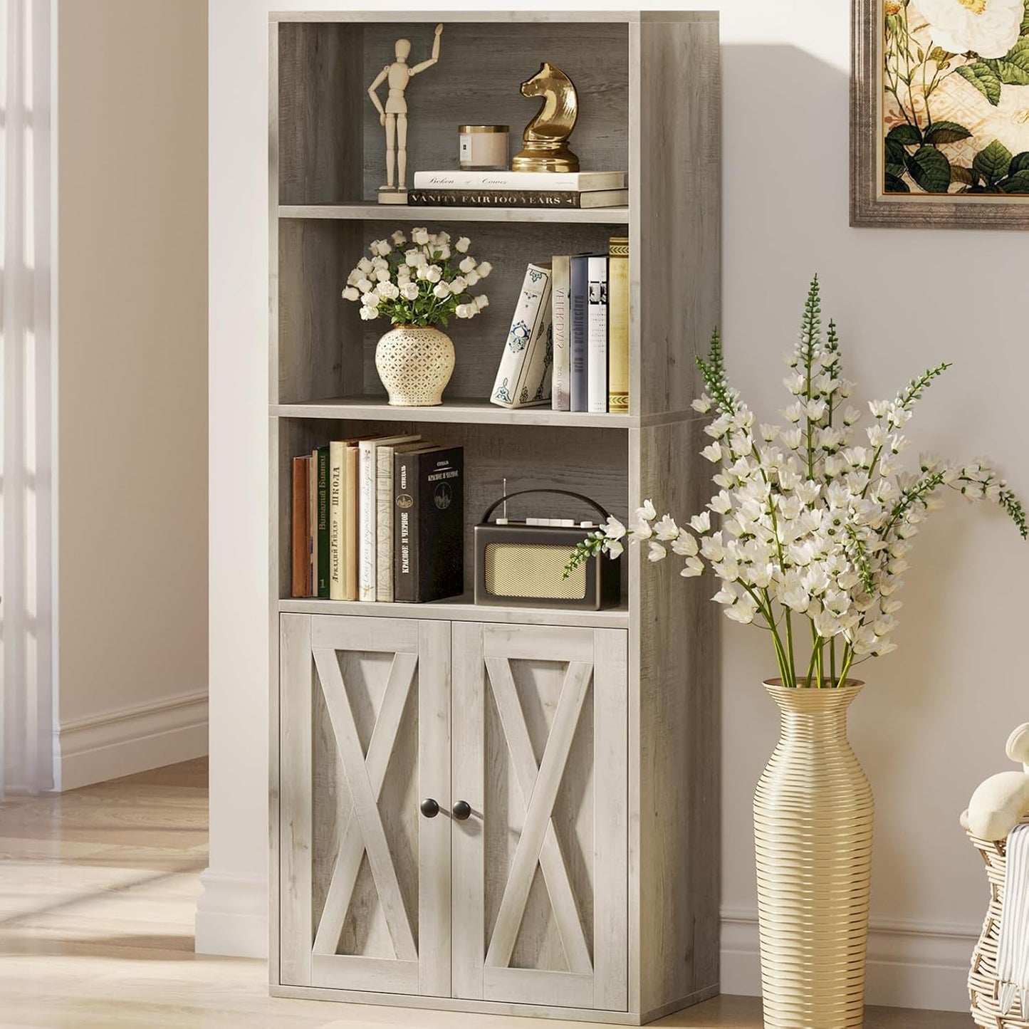 Industrial Bookshelves and Bookcases with Doors 11.8 in Depth Floor Standing 5 Shelf Display Storage Shelves Bookcase Home Decor Furniture for Home, Office, Living Room, Bedroom