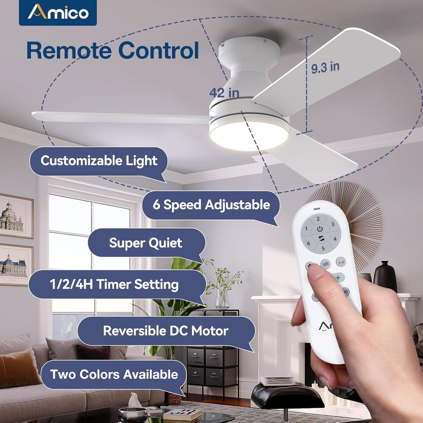42 Inch Low Profile Ceiling Fan with Light and Remote Control