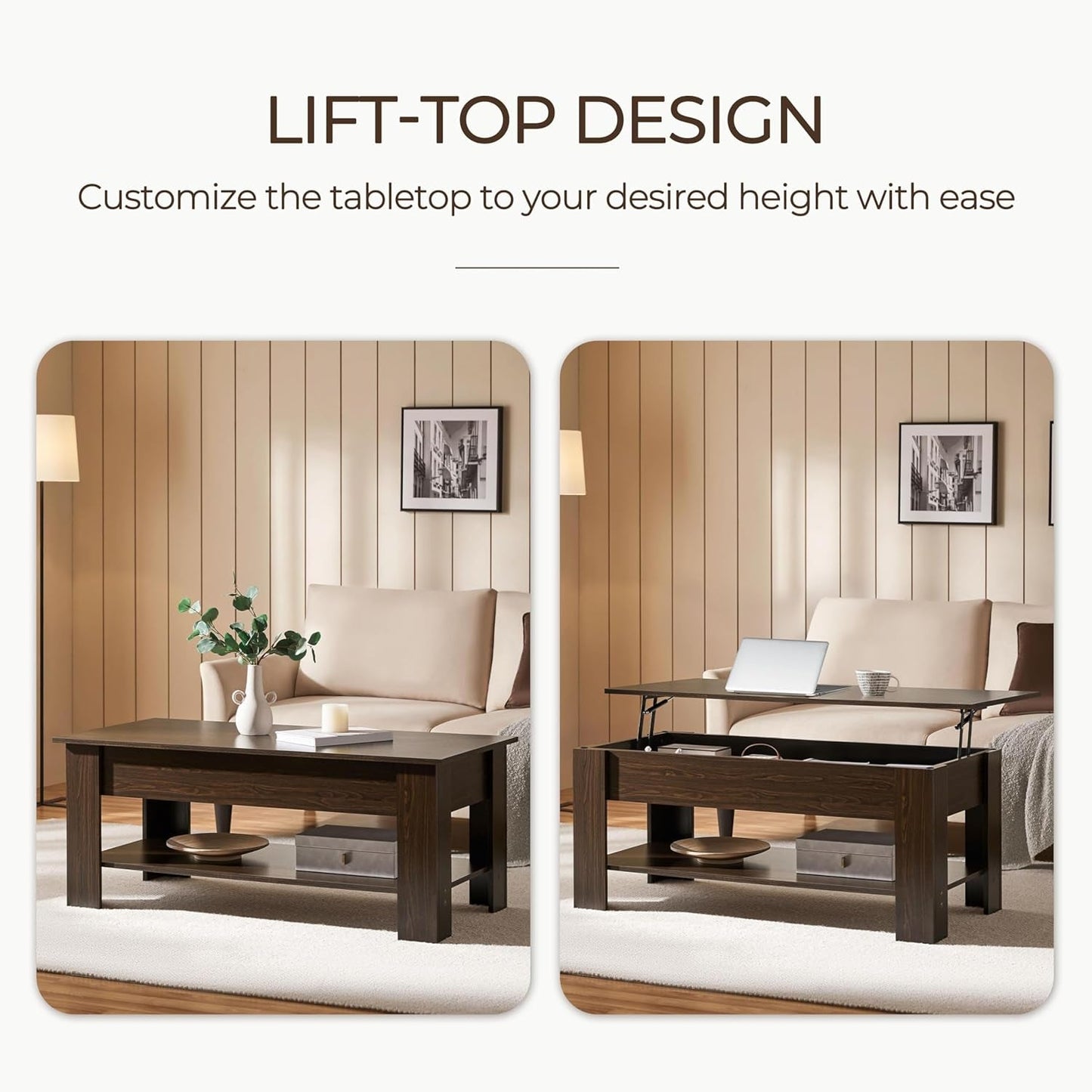 Lift Top Coffee Table with Hidden Compartment and Storage Shelf