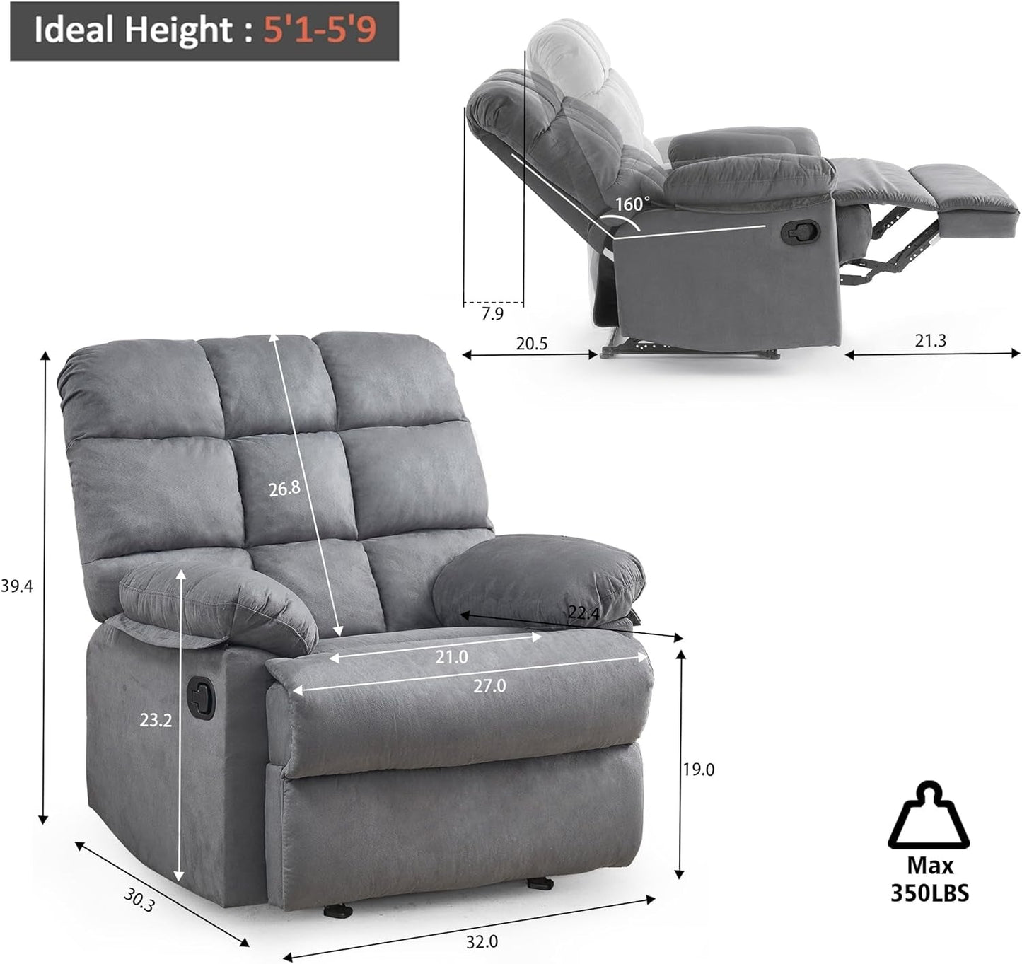 Overstuffed Large Manual Rocking Recliner