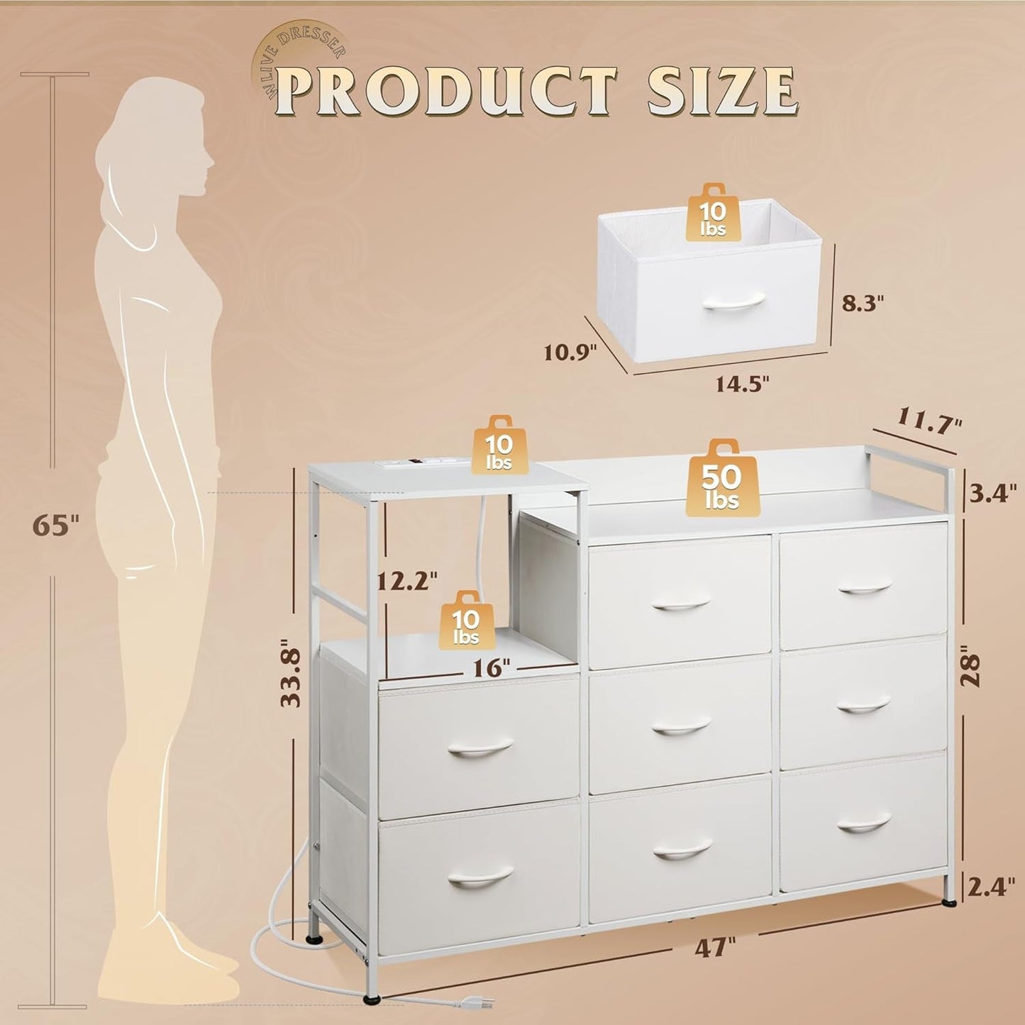 Dresser TV Stand with Charging Station and Open Shelves, Fabric Dresser