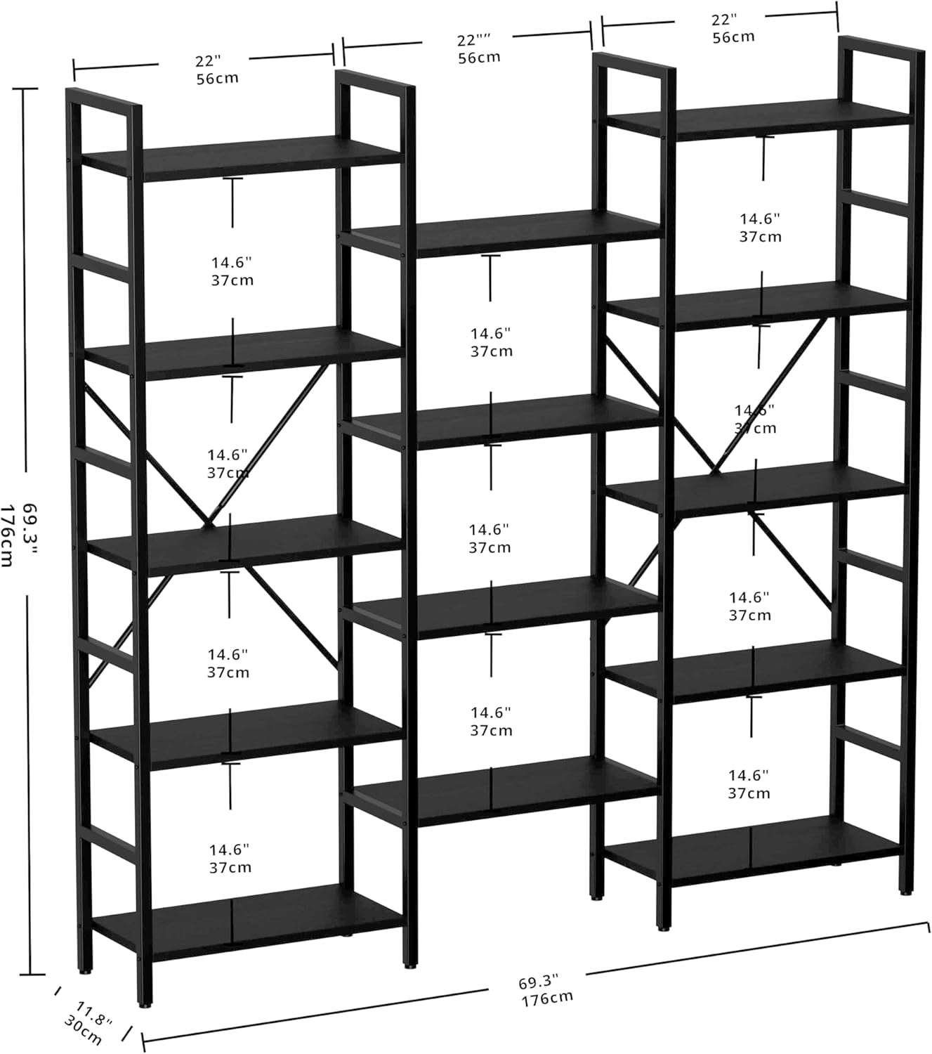 Triple Wide 5-Tier Industrial Bookshelf