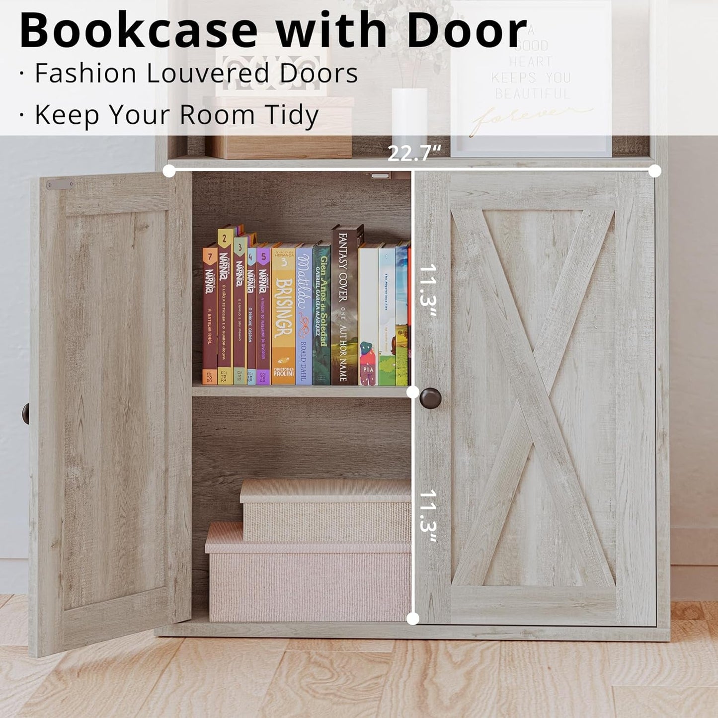Industrial Bookshelves and Bookcases with Doors 11.8 in Depth Floor Standing 5 Shelf Display Storage Shelves Bookcase Home Decor Furniture for Home, Office, Living Room, Bedroom