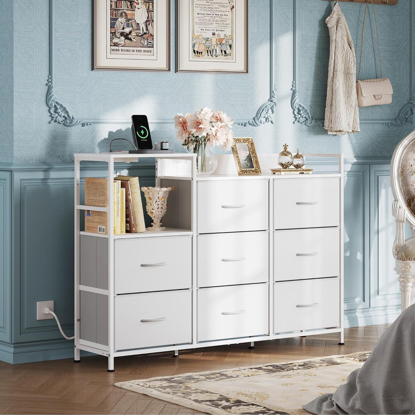 Dresser TV Stand with Charging Station and Open Shelves, Fabric Dresser