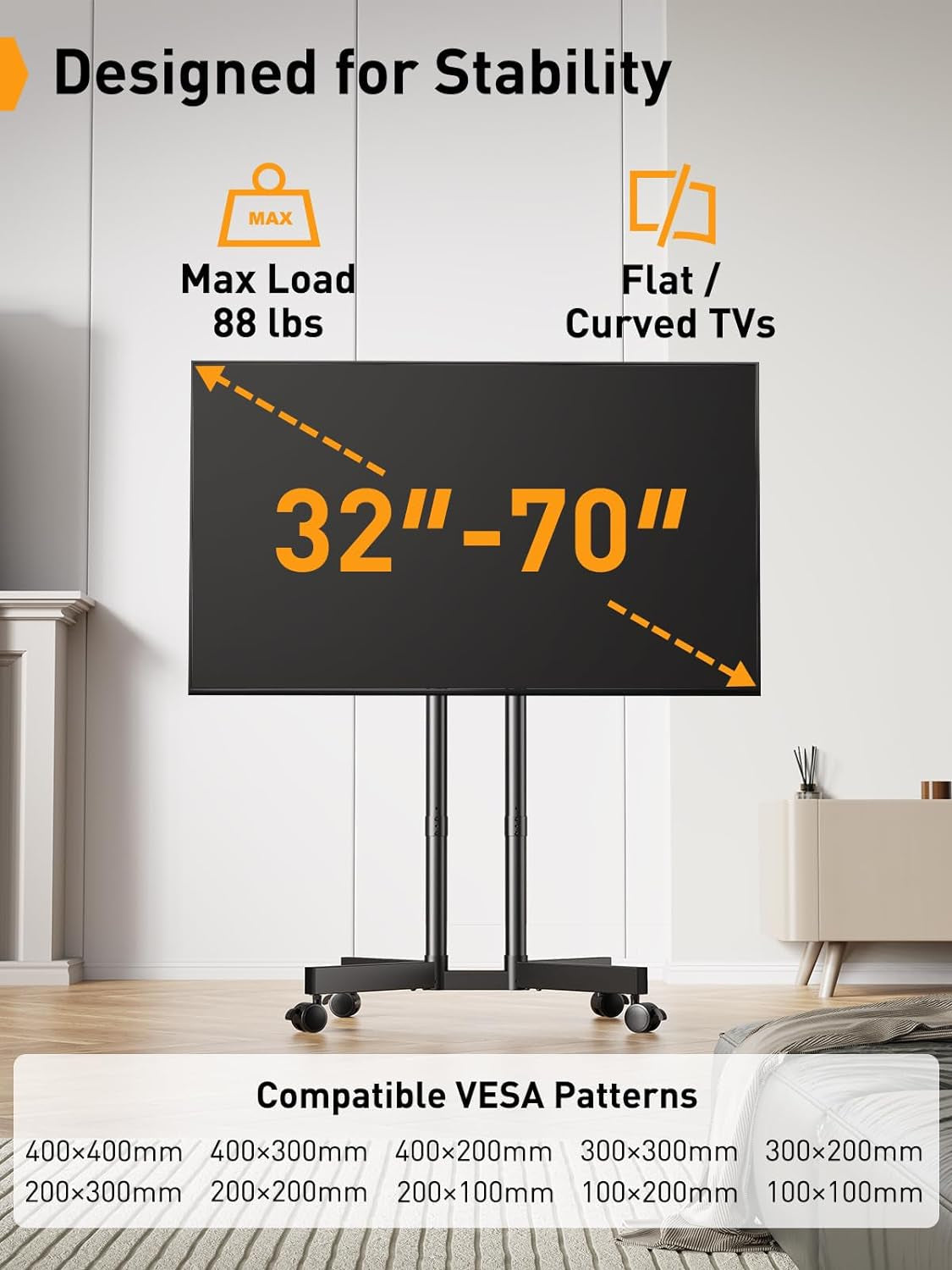 Mobile TV Stand with Wheels for 32-70 Inch Tvs