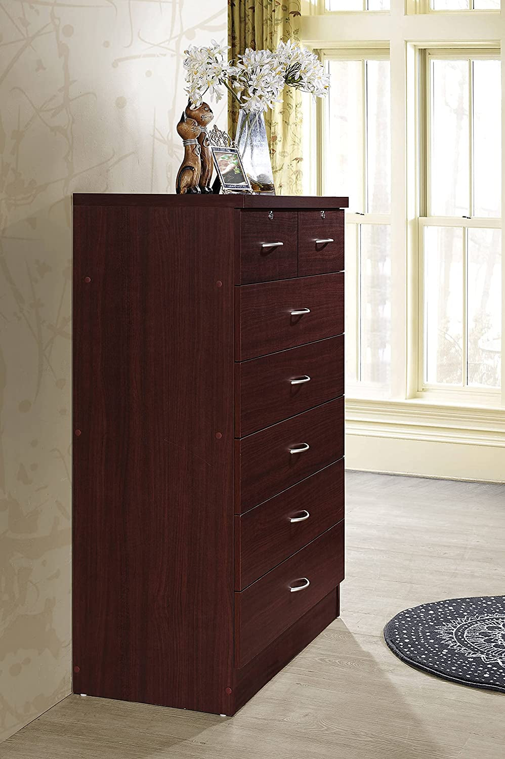 7 Drawer Wood Dresser for Bedroom, 31.5 Inch Wide Chest of Drawers, with 2 Locks on the Top Drawers, Storage Organization Unit for Clothing, Mahogany