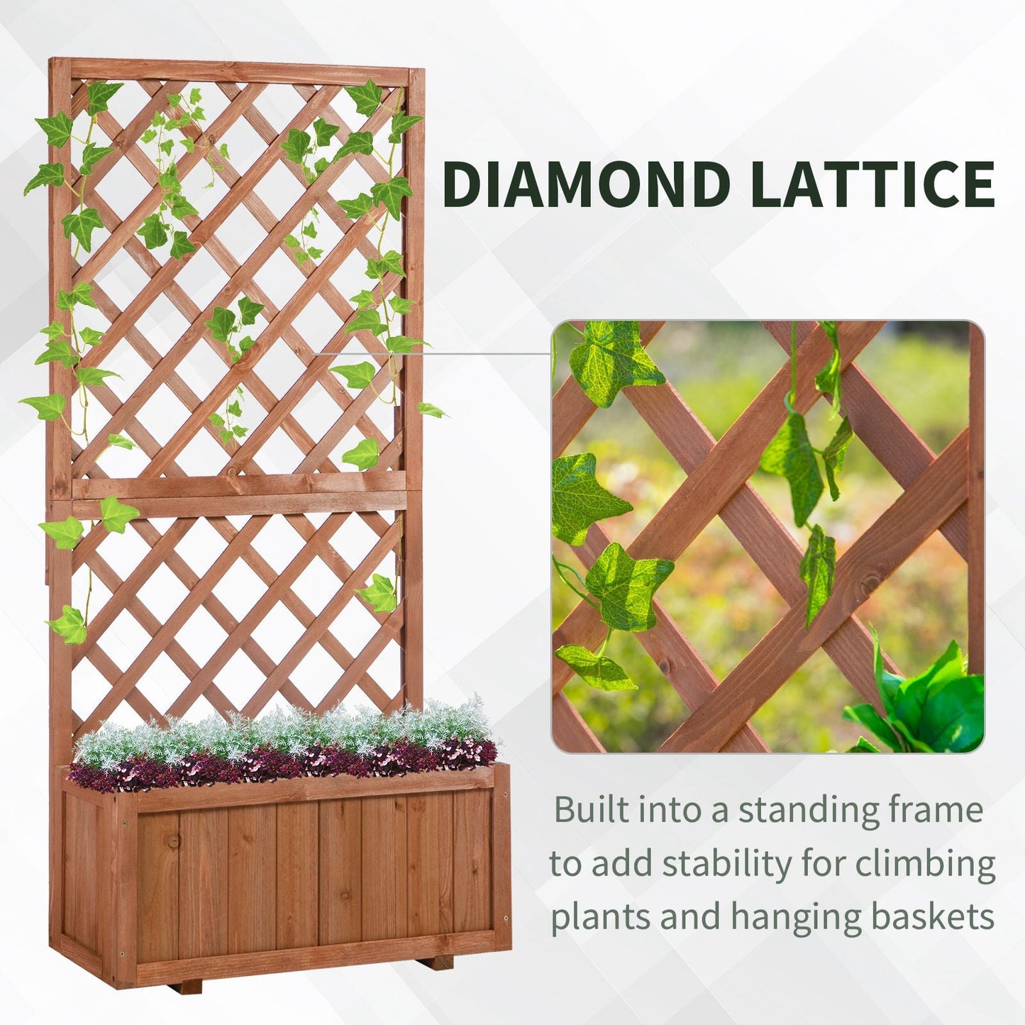 Wooden Pine Raised Bed Planter with Trellis - Garden Flower Planter