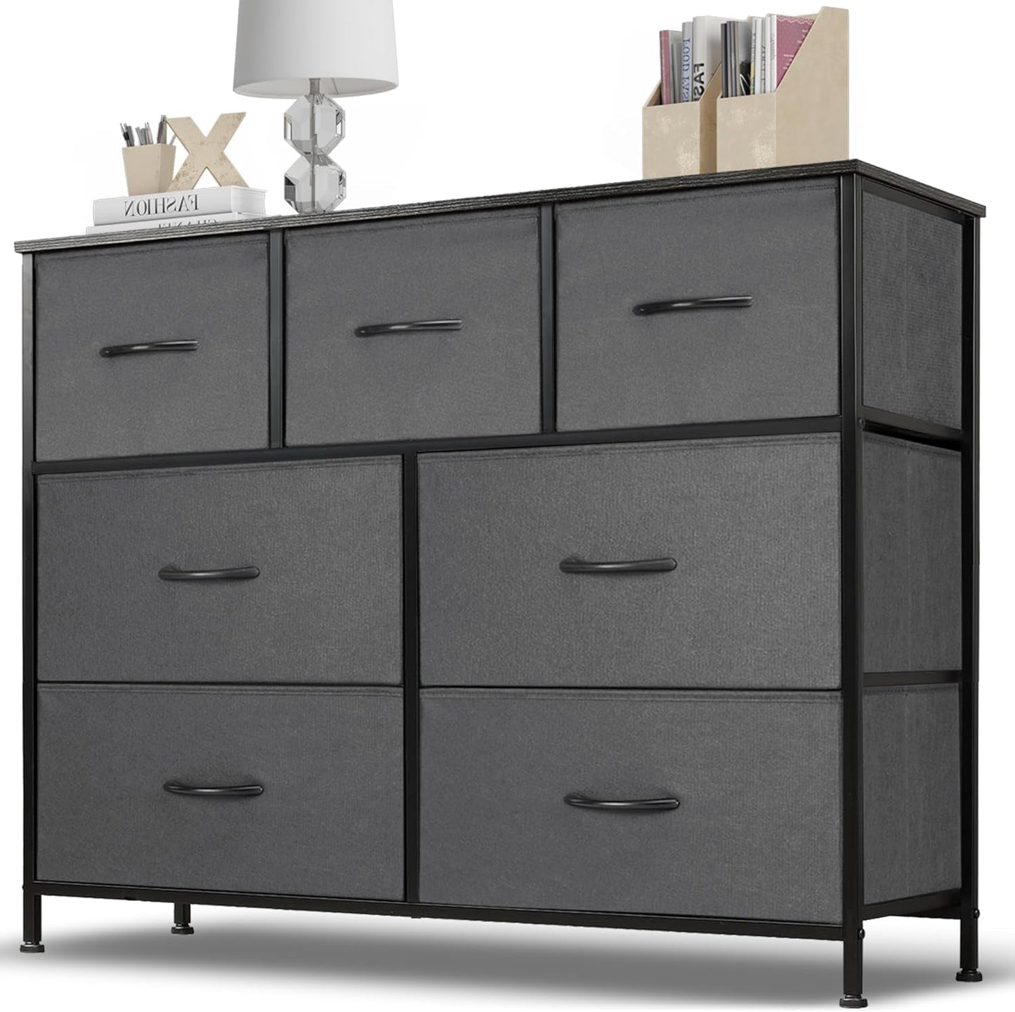 Dresser for Bedroom, 7 Storage Drawers, Anti-Tip Wide Fabric Closet Chests Organizer Tower Furniture, TV Stand for TV up to 45 Inch with Wooden Top Metal Frame for Clothes, Living Room