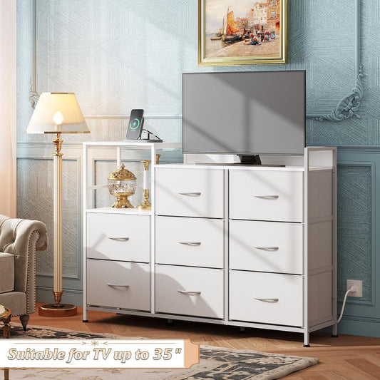 Dresser TV Stand with Charging Station and Open Shelves, Fabric Dresser