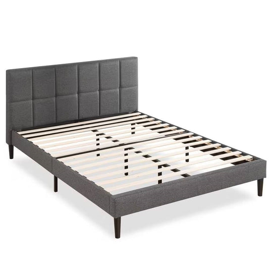 Full size Grey Upholstered Platform Bed Frame with Padded Headboard-0