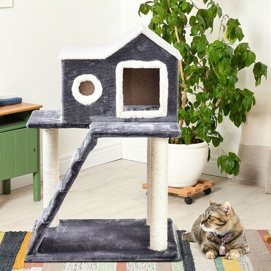 Gray 36 Inch Tower Condo Scratching Post Ladder Cat Tree House-0