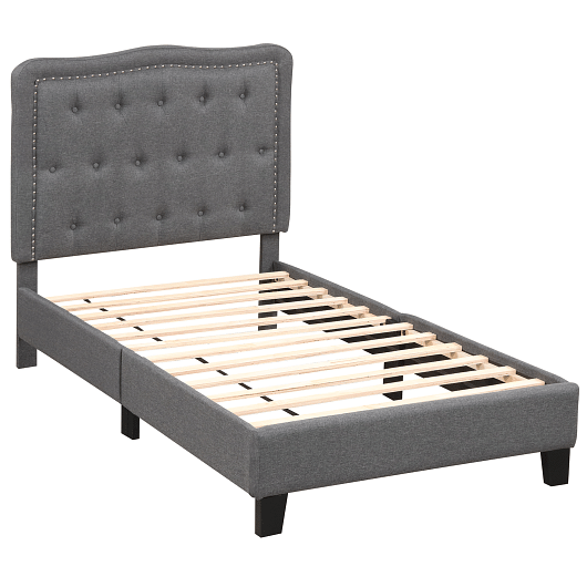 Twin Size Bed Frame with 46 Inch Tall Button Tufted Headboard-Gray-0